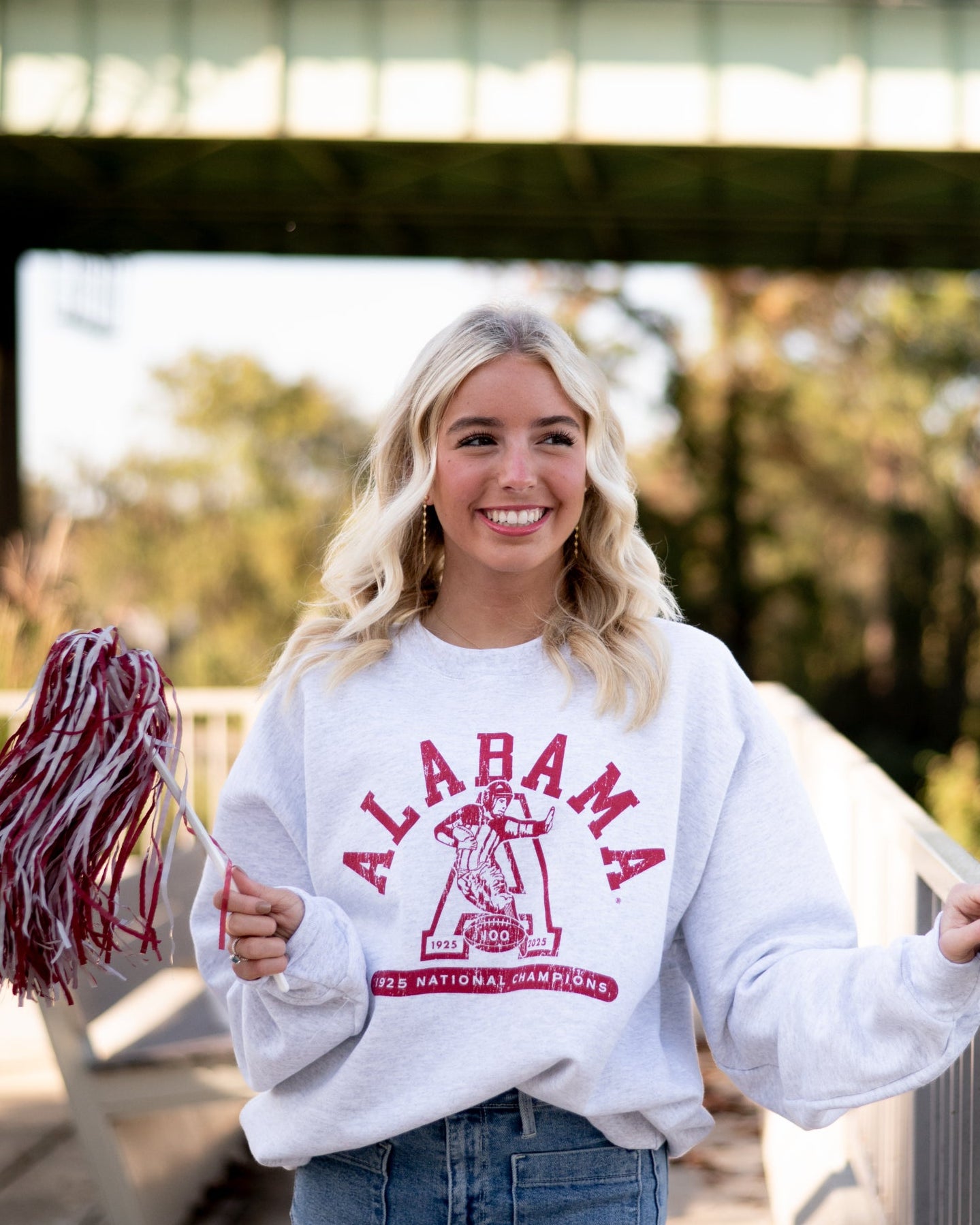 University of Alabama Light Grey Sweatshirt with Red text “Alabama” above a Block A with an old-fashioned football player