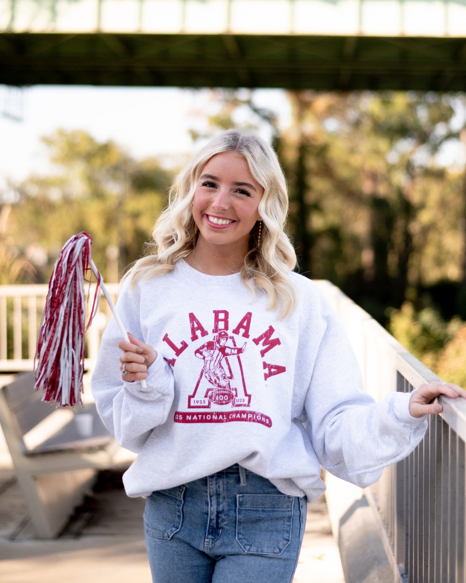 University of Alabama Light Grey Sweatshirt with Red text “Alabama” above a Block A with an old-fashioned football player