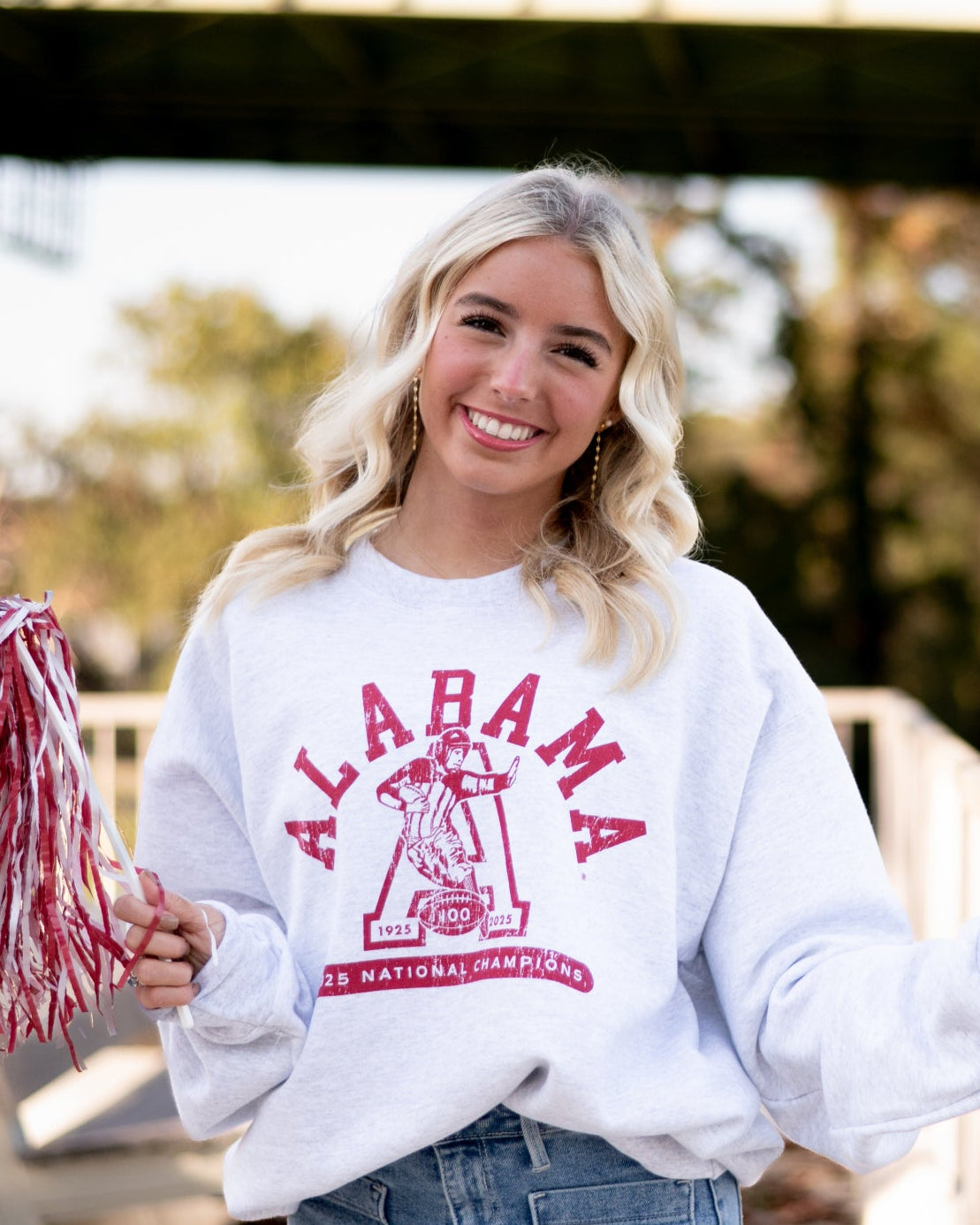 University of Alabama Light Grey Sweatshirt with Red text “Alabama” above a Block A with an old-fashioned football player
