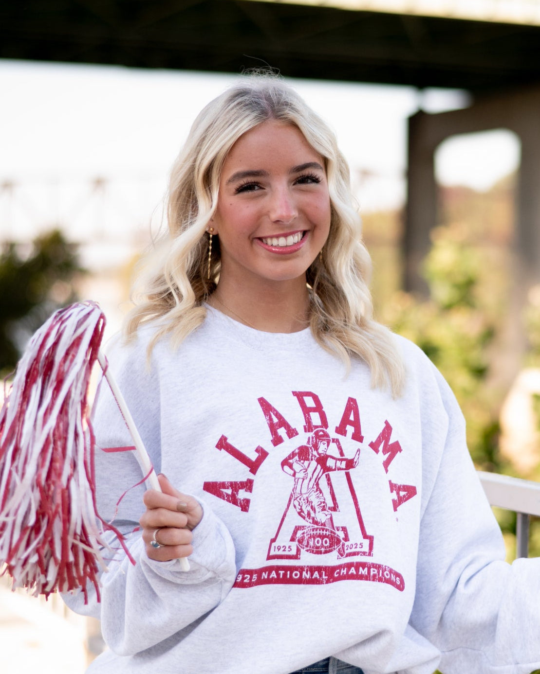 University of Alabama Light Grey Sweatshirt with Red text “Alabama” above a Block A with an old-fashioned football player