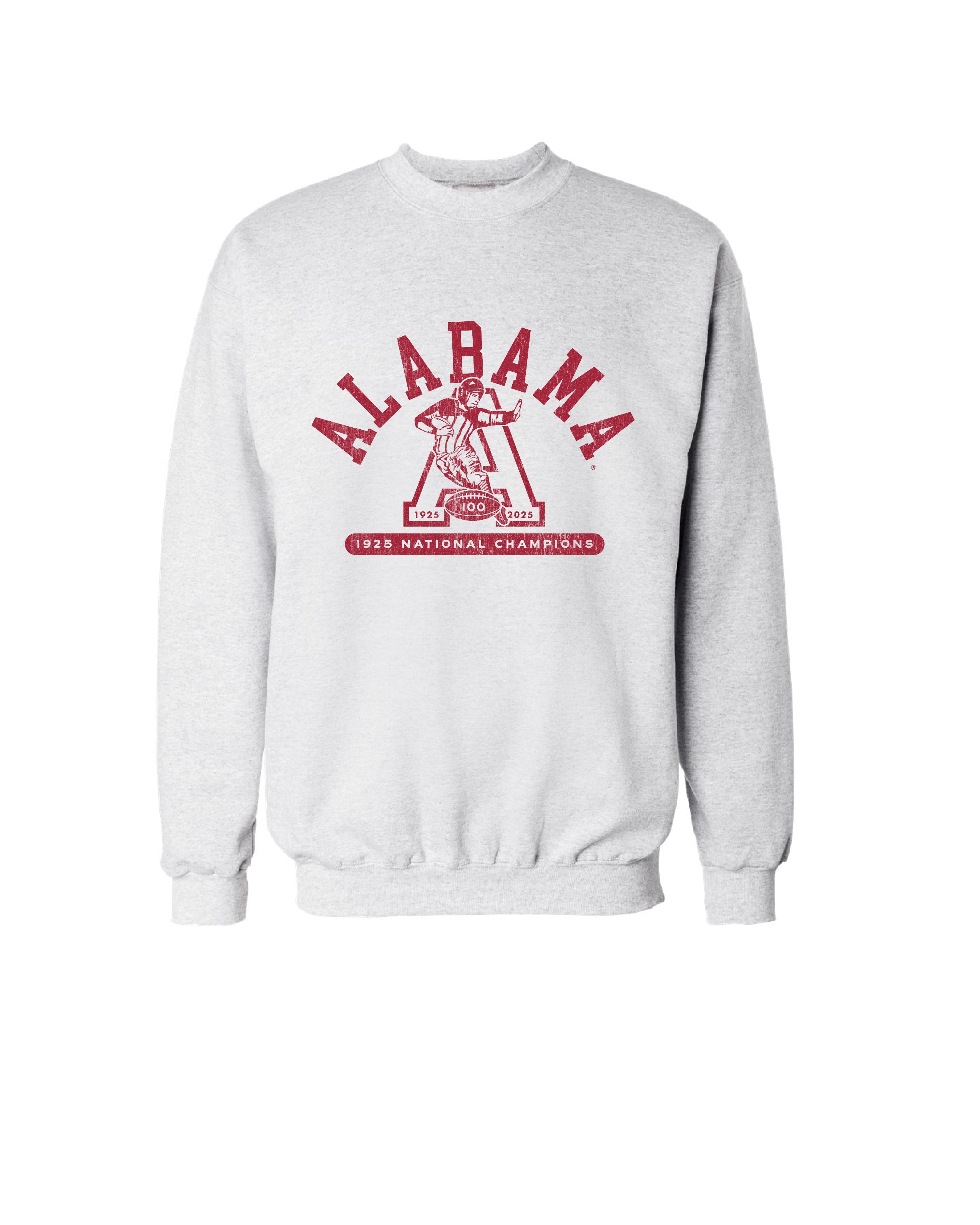 University of Alabama Light Grey Sweatshirt with Red text “Alabama” above a Block A with an old-fashioned football player