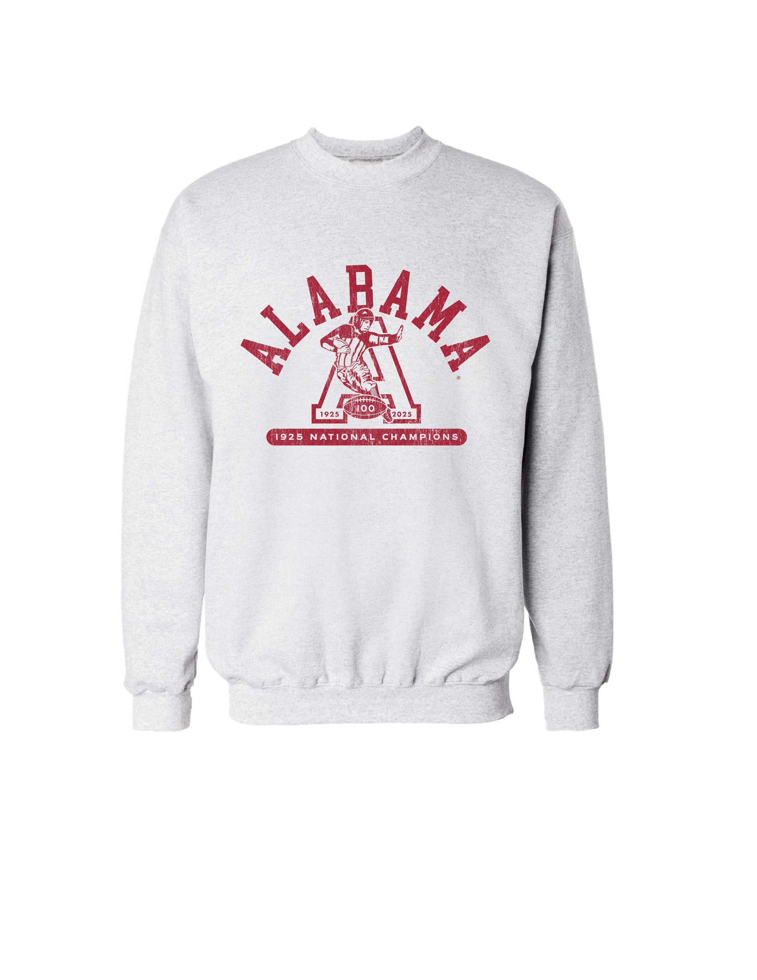 University of Alabama Light Grey Sweatshirt with Red text “Alabama” above a Block A with an old-fashioned football player