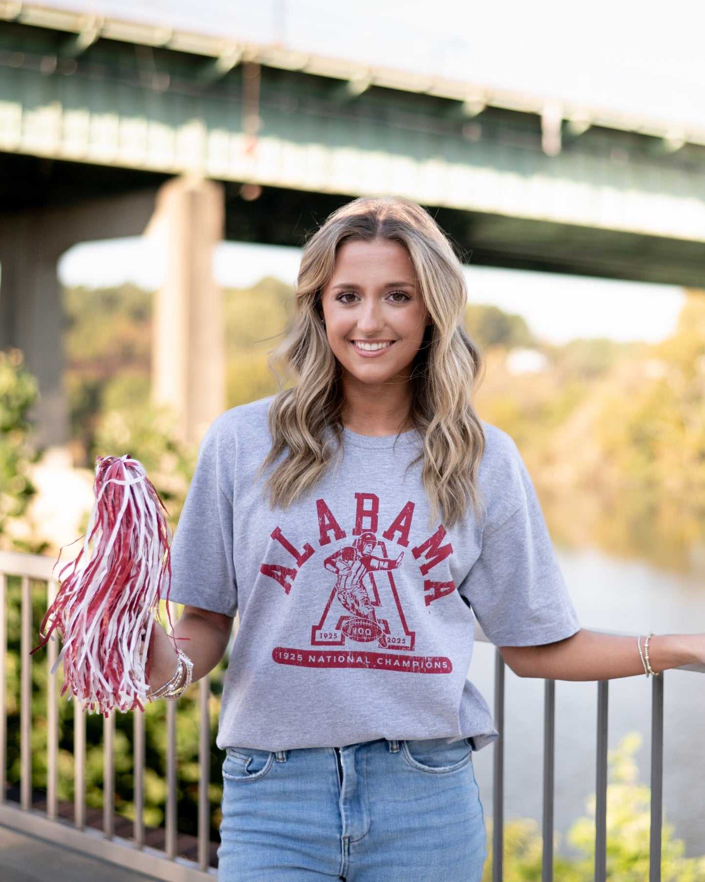 University of Alabama Grey T-Shirt with Red text “Alabama” above a Block A with an old-fashioned football player