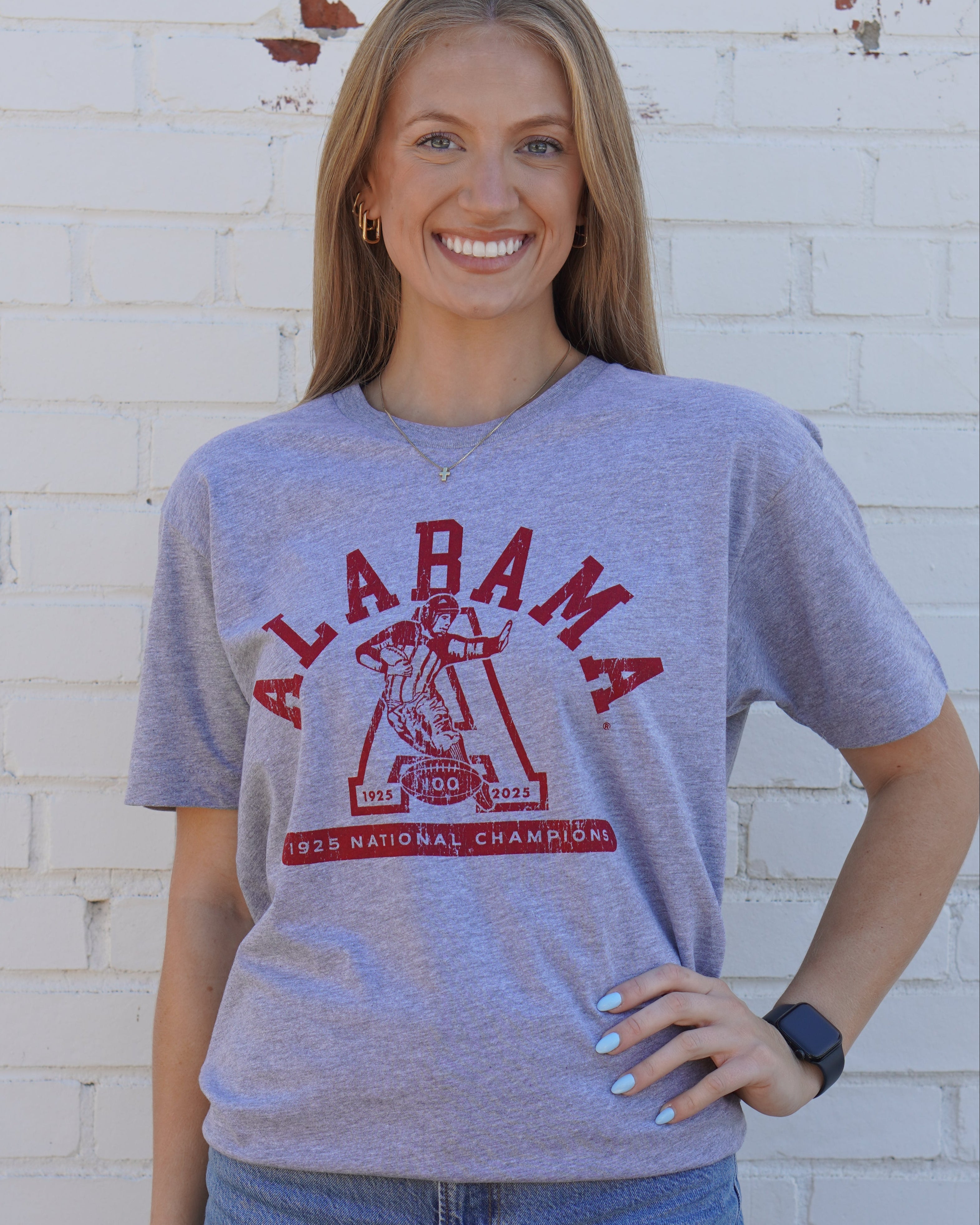 University of Alabama Grey T-Shirt with Red text “Alabama” above a Block A with an old-fashioned football player