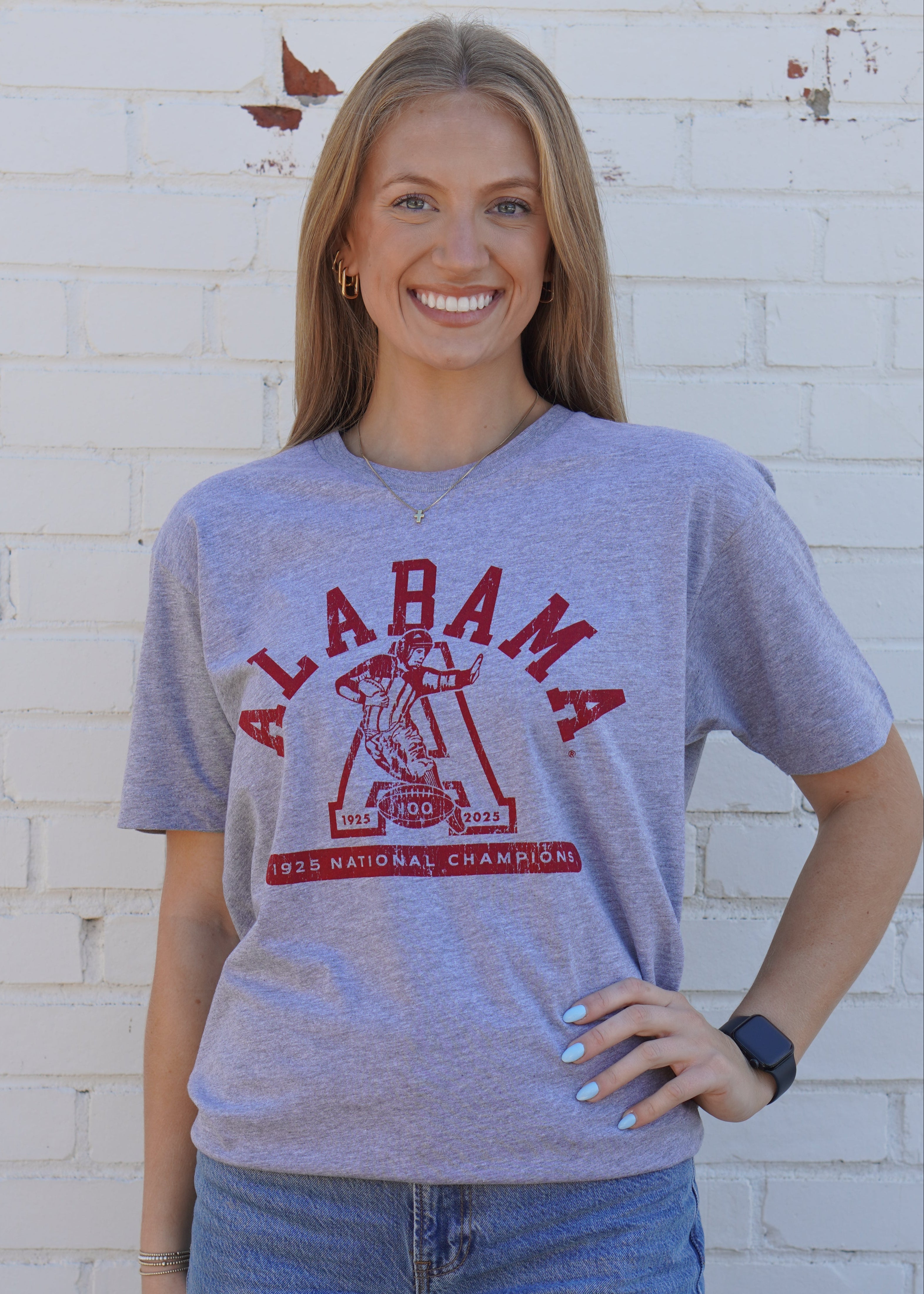 University of Alabama Grey T-Shirt with Red text “Alabama” above a Block A with an old-fashioned football player