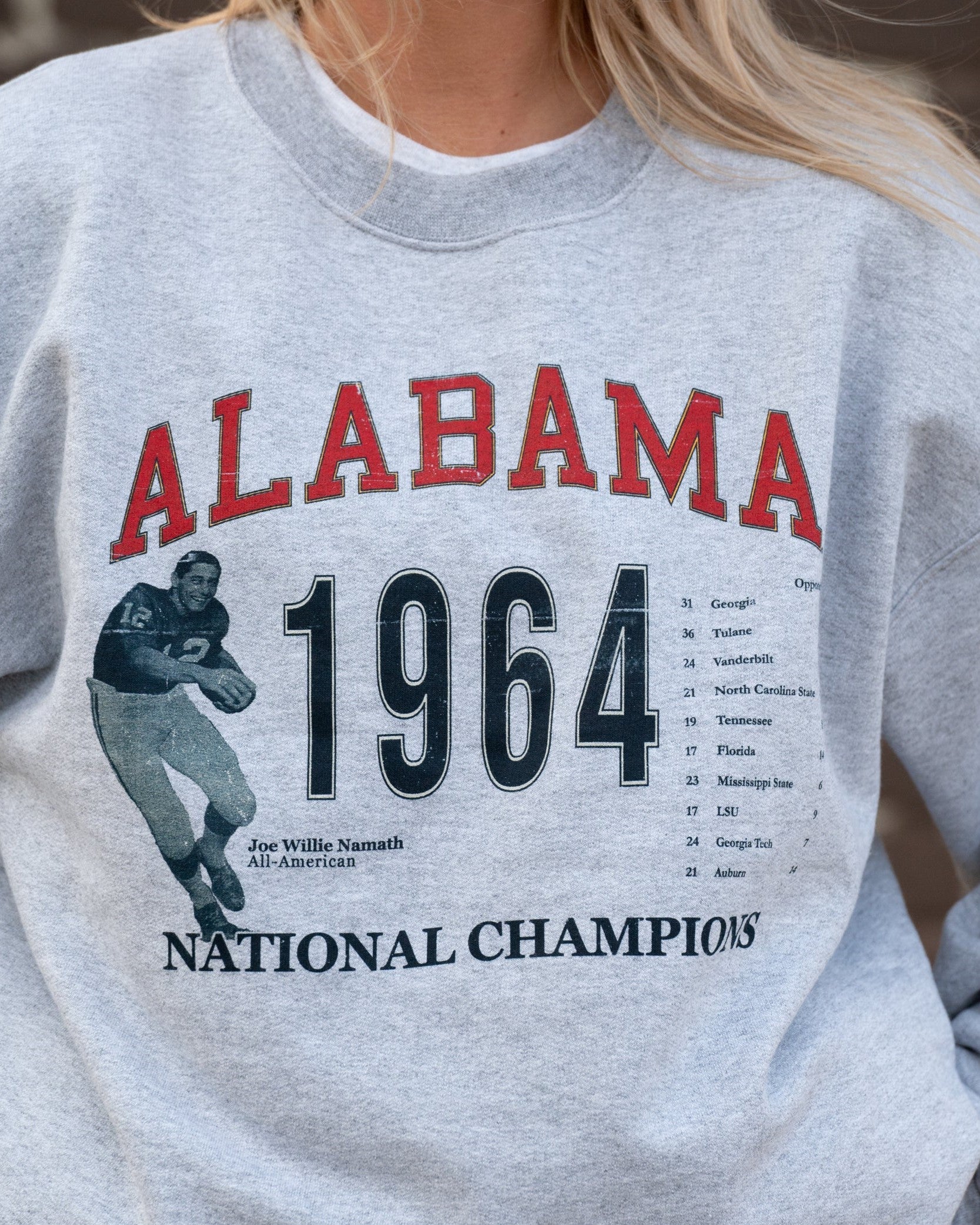 University of Alabama 1964 National Champions Light Grey Comfort Colors Sweatshirt with an image of an Alabama Football player