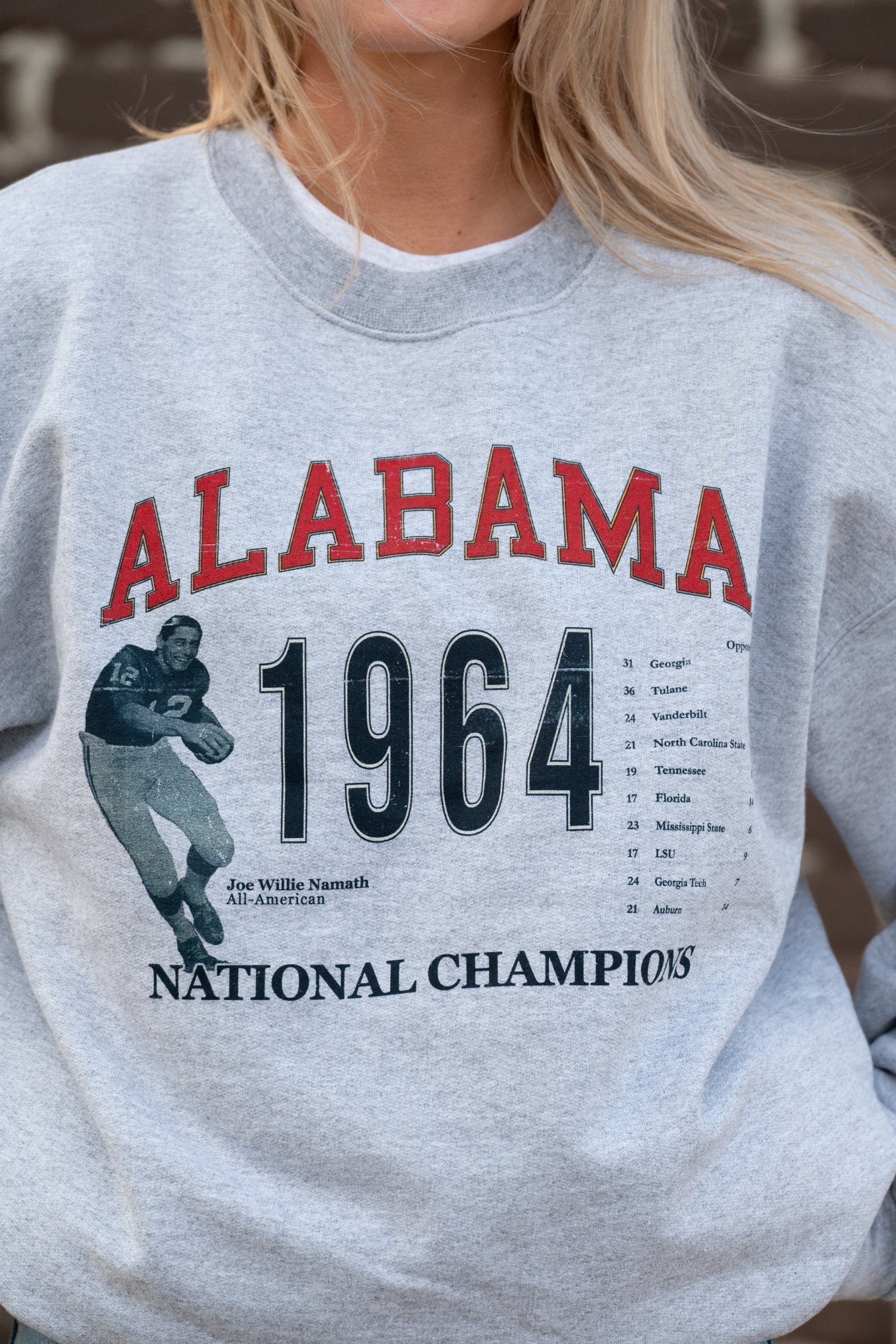 University of Alabama 1964 National Champions Light Grey Comfort Colors Sweatshirt with an image of an Alabama Football player