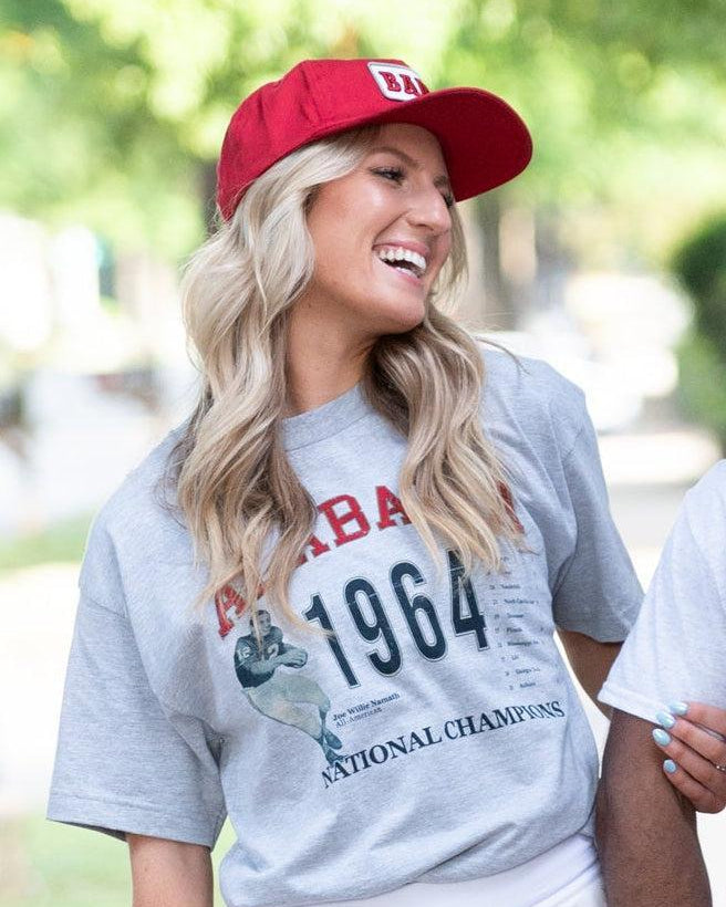 University of Alabama 1964 National Champions Light Grey Comfort Colors T-Shirt with an image of an Alabama Football player