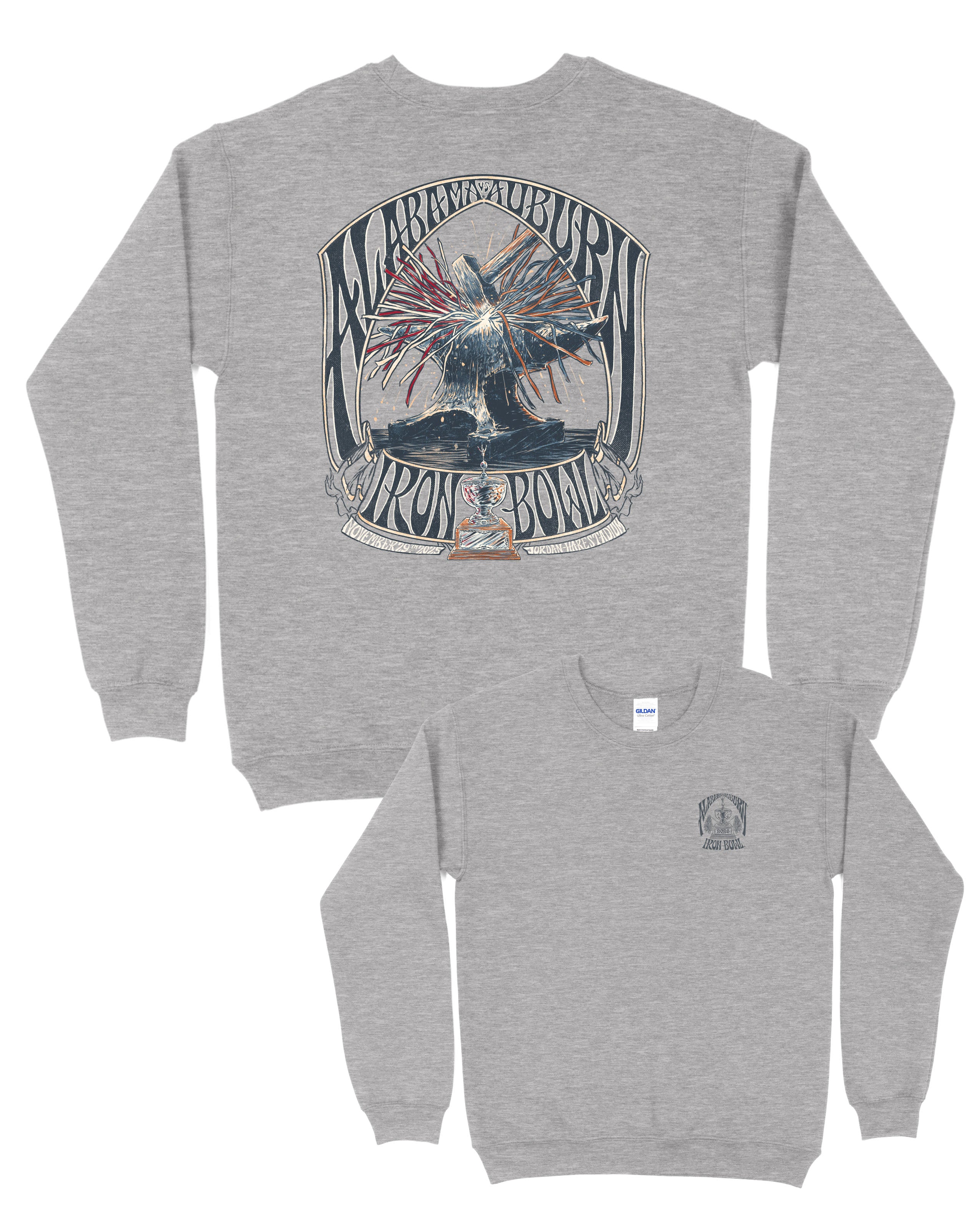 University of Alabama and Auburn University Grey Sweatshirt with a hammer striking an anvil with the “sparks” colored with the respective teams’ colors surrounded by text “Alabama Auburn” and “Iron Bowl”