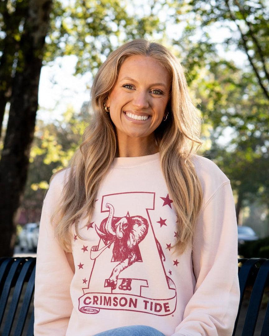 University of Alabama Pale Pink Sweatshirt with Pink stars surrounding a Pink Vintage A Logo