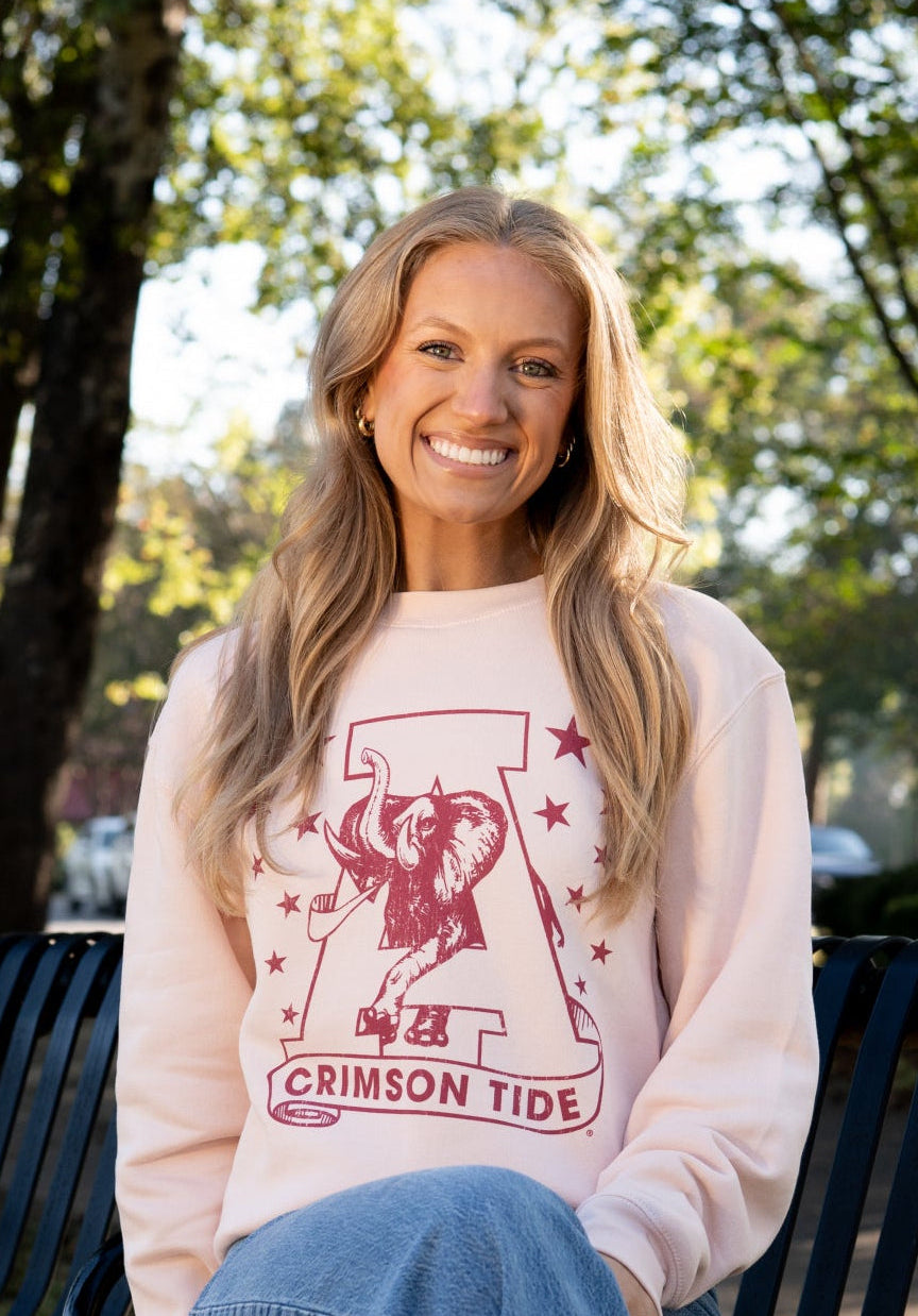 University of Alabama Pale Pink Sweatshirt with Pink stars surrounding a Pink Vintage A Logo