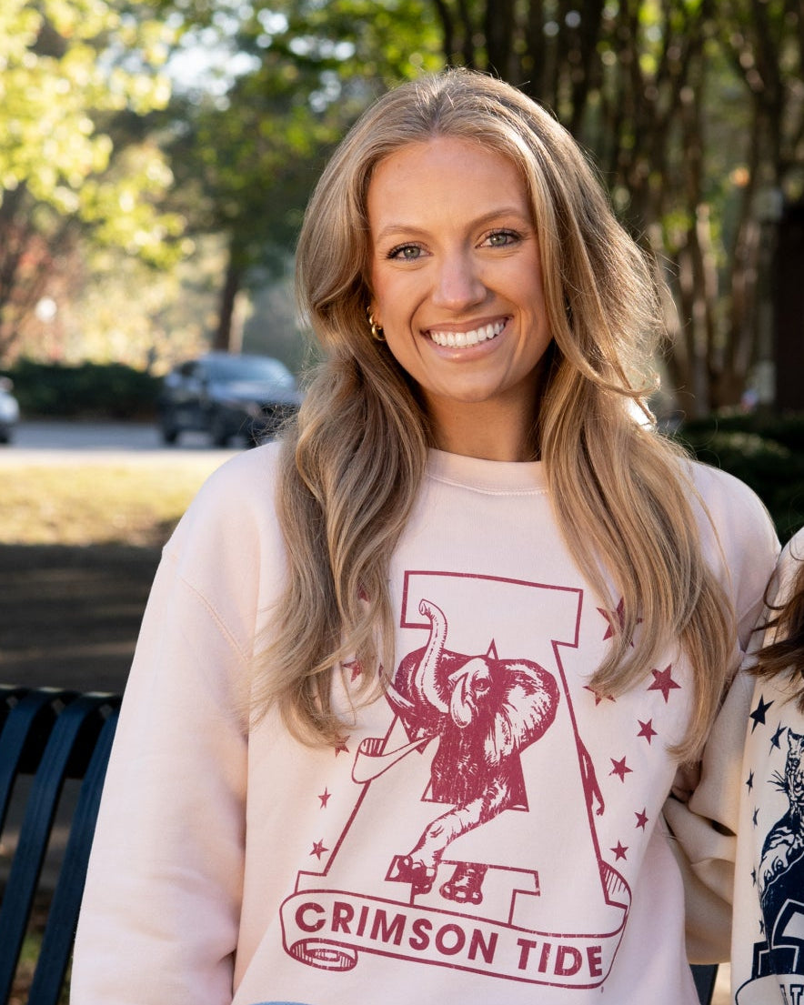 University of Alabama Pale Pink Sweatshirt with Pink stars surrounding a Pink Vintage A Logo
