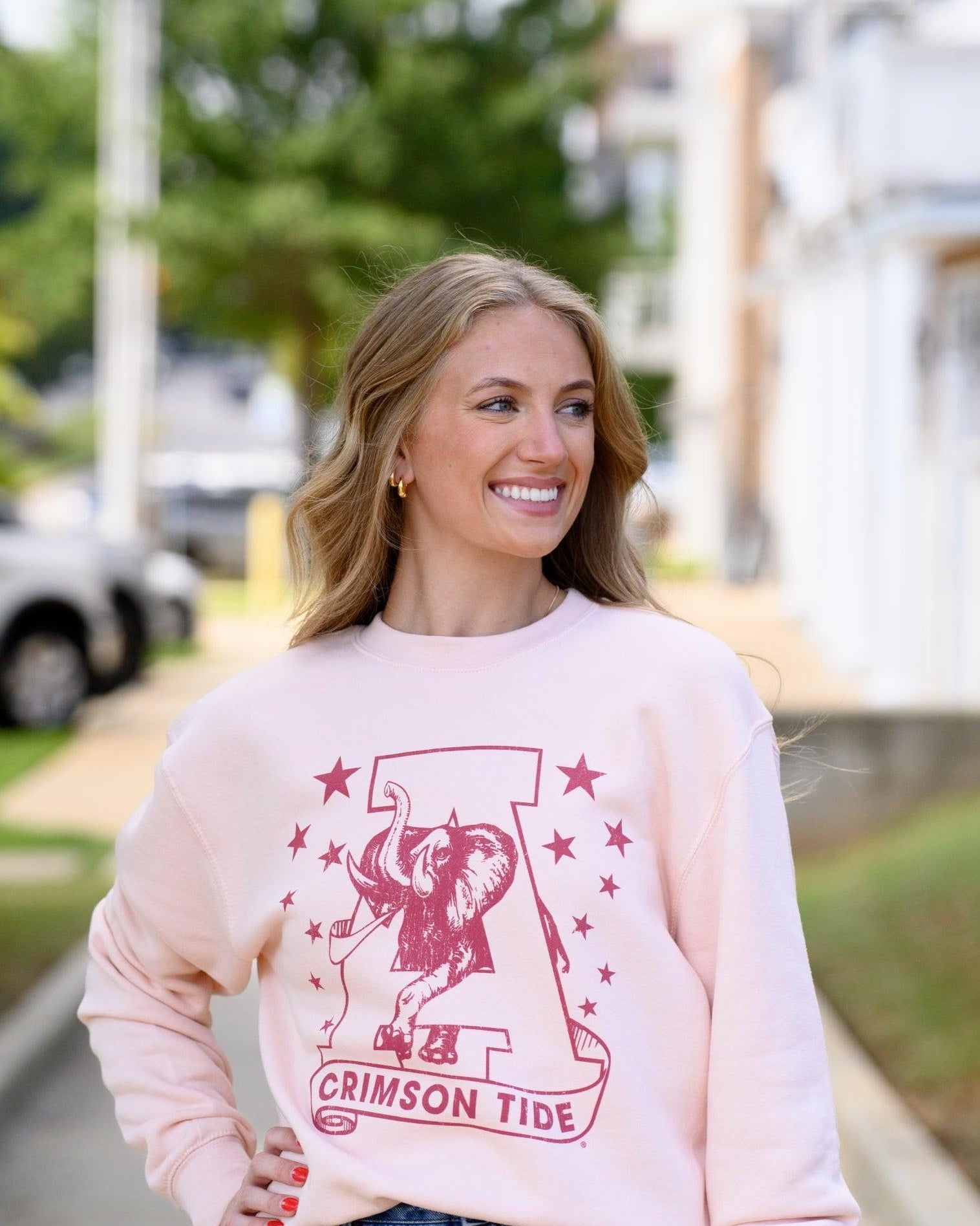 University of Alabama Pale Pink Sweatshirt with Pink stars surrounding a Pink Vintage A Logo