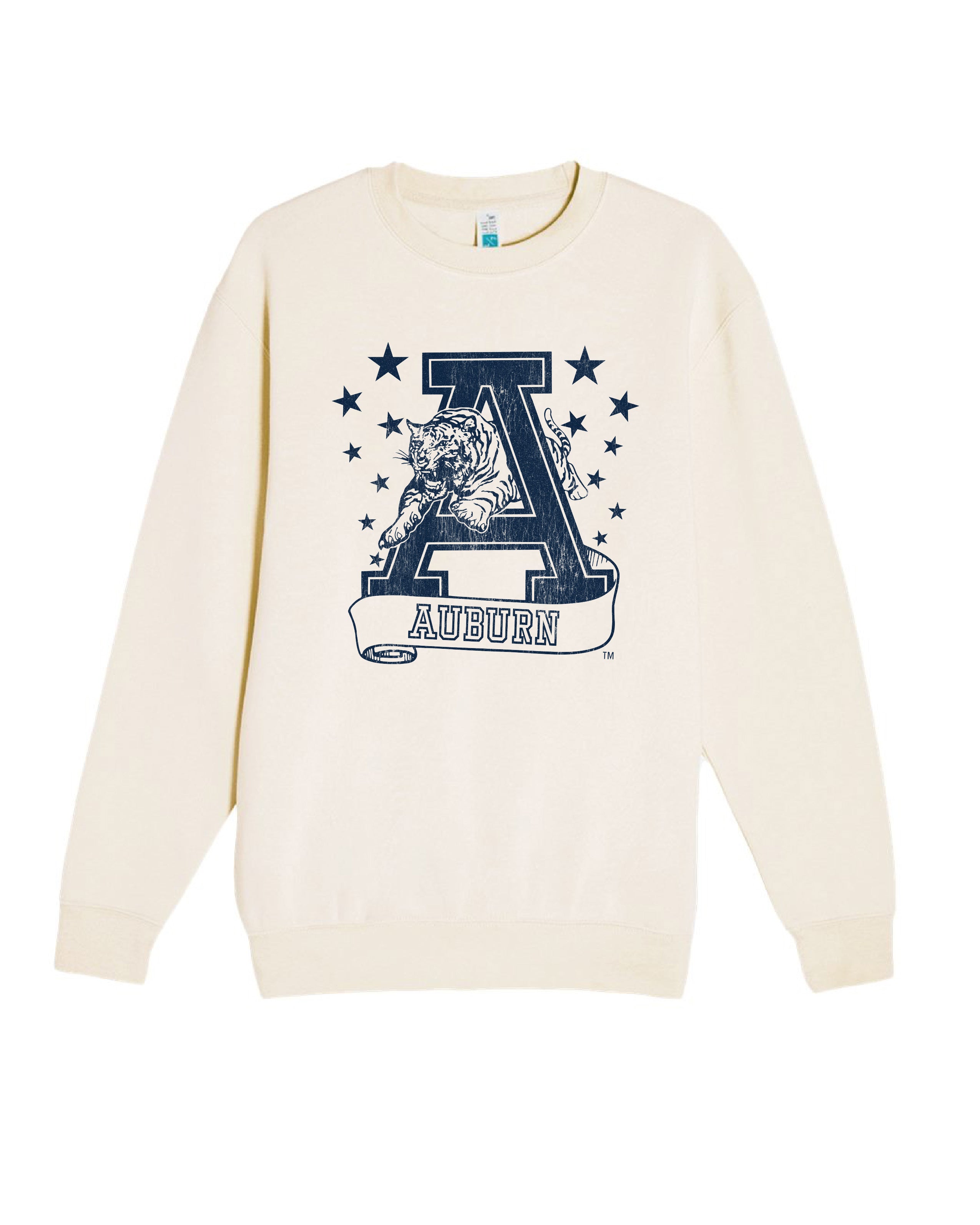 Auburn University Ivory Sweatshirt with Navy stars surrounding a Navy Leaping Tiger Logo