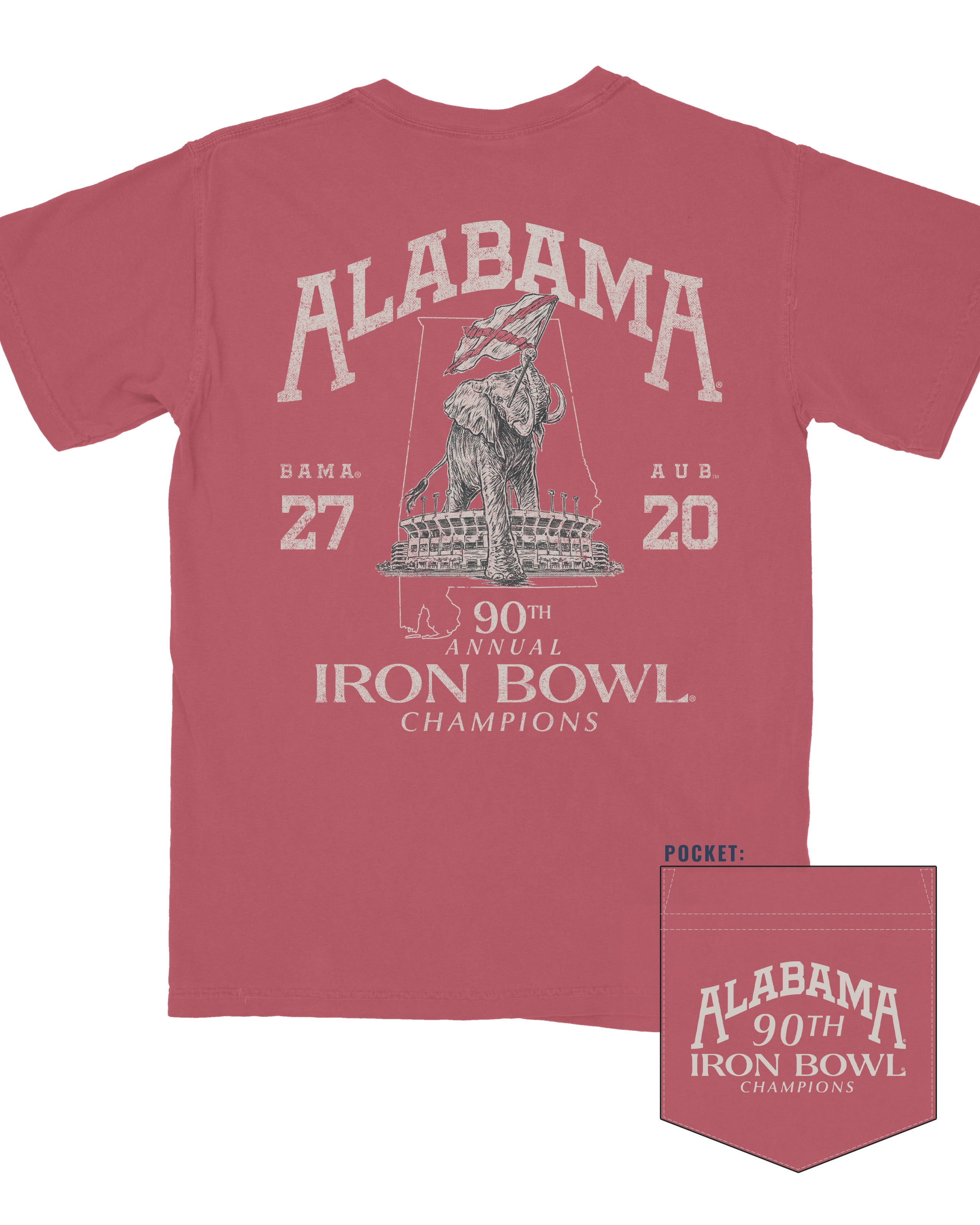 University of Alabama Red T-Shirt with an elephant holding the state flag in a stadium under the text “Alabama” and above the text “90th Annual Iron Bowl Champions”
