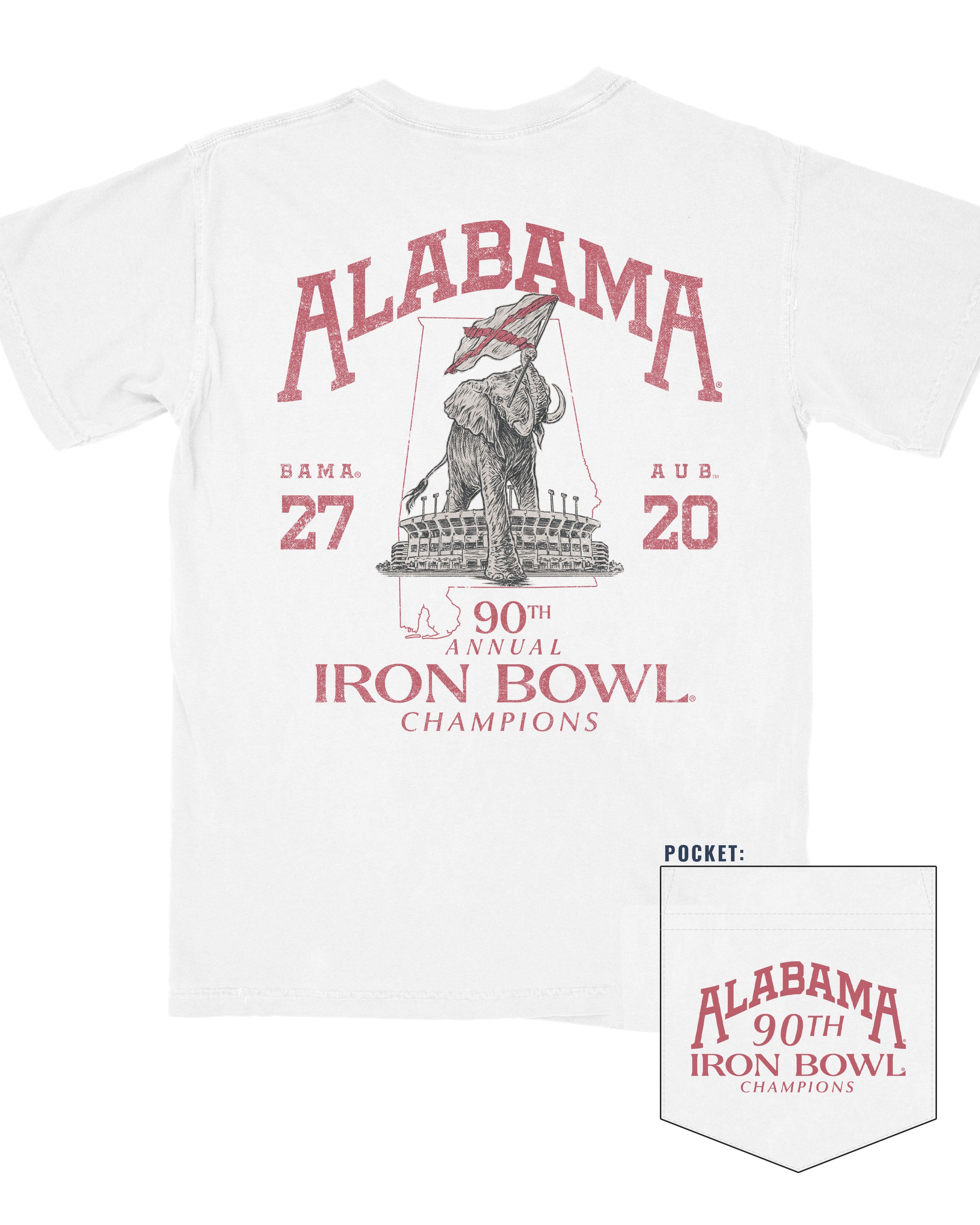 University of Alabama White T-Shirt with an elephant holding the state flag in a stadium under the text “Alabama” and above the text “90th Annual Iron Bowl Champions”