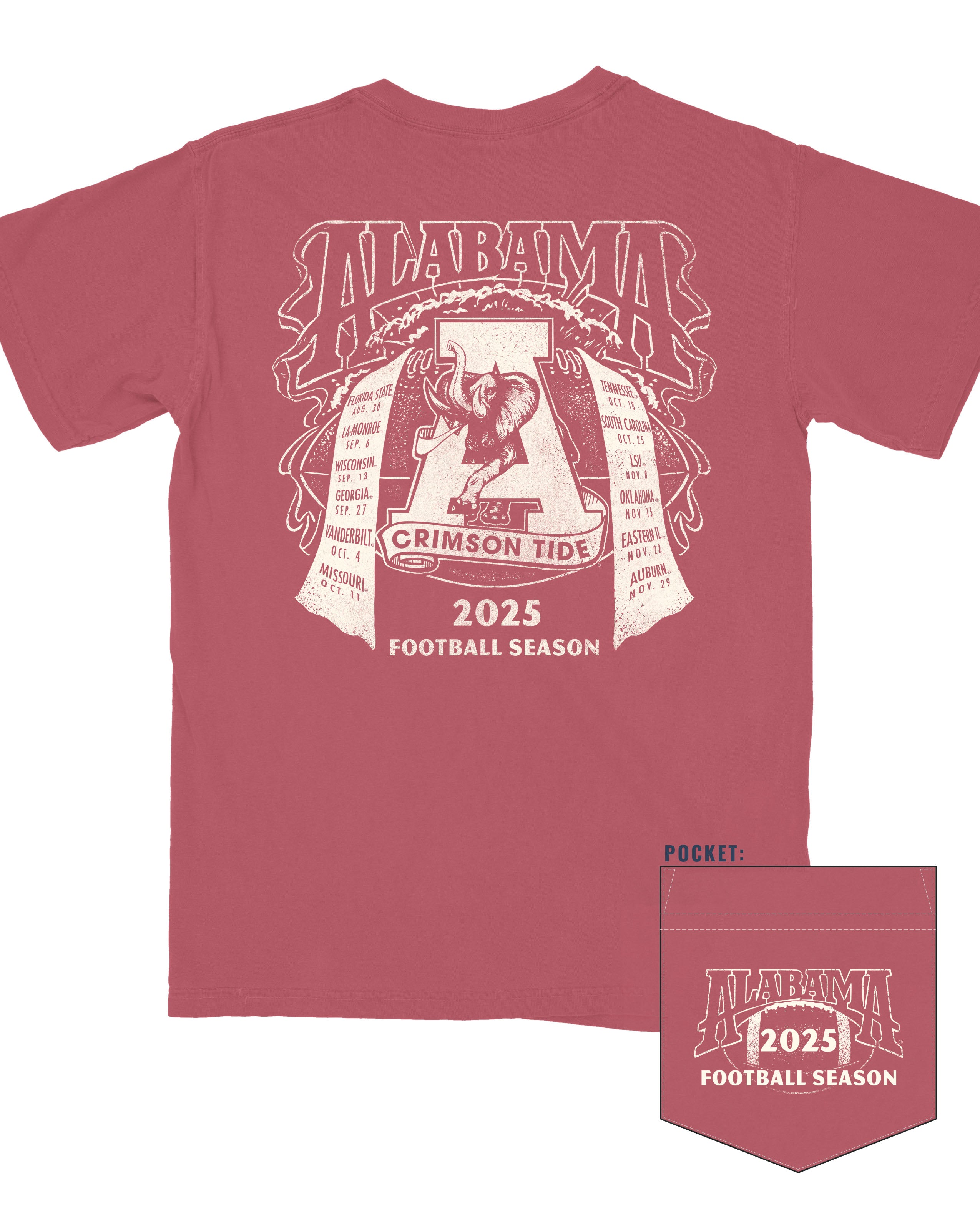 University of Alabama Crimson T-Shirt with an image of the Vintage A Logo surrounded by scrolls that read the 2025 Alabama football schedule