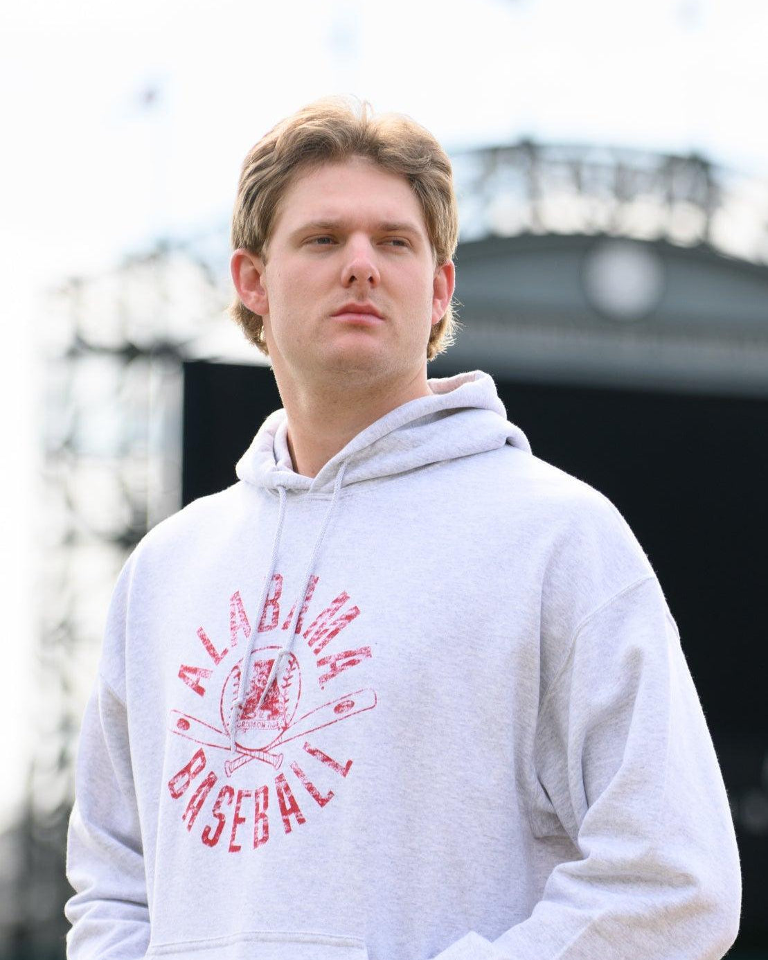 University of Alabama Distressed Light Grey Hoodie with a Red Baseball featuring the Vintage A logo over crossed baseball bats, surrounded by Red text “Alabama Baseball”
