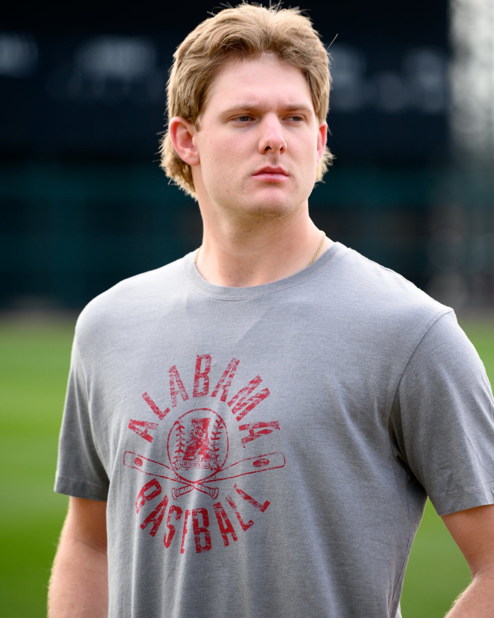 University of Alabama Distressed Grey T-Shirt with a Red Baseball featuring the Vintage A logo over crossed baseball bats, surrounded by White text “Alabama Baseball”