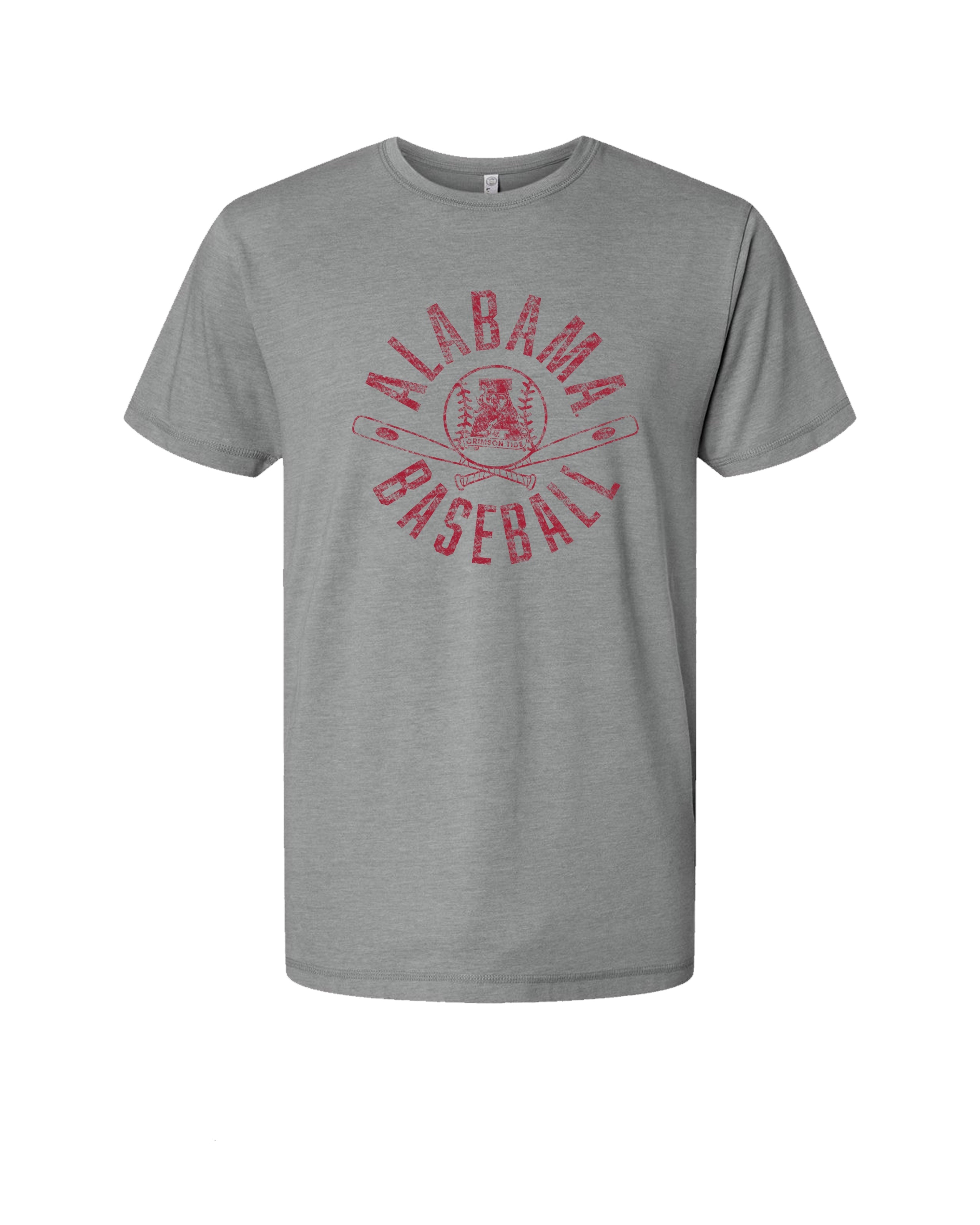 University of Alabama Distressed Grey T-Shirt with a Red Baseball featuring the Vintage A logo over crossed baseball bats, surrounded by White text “Alabama Baseball”