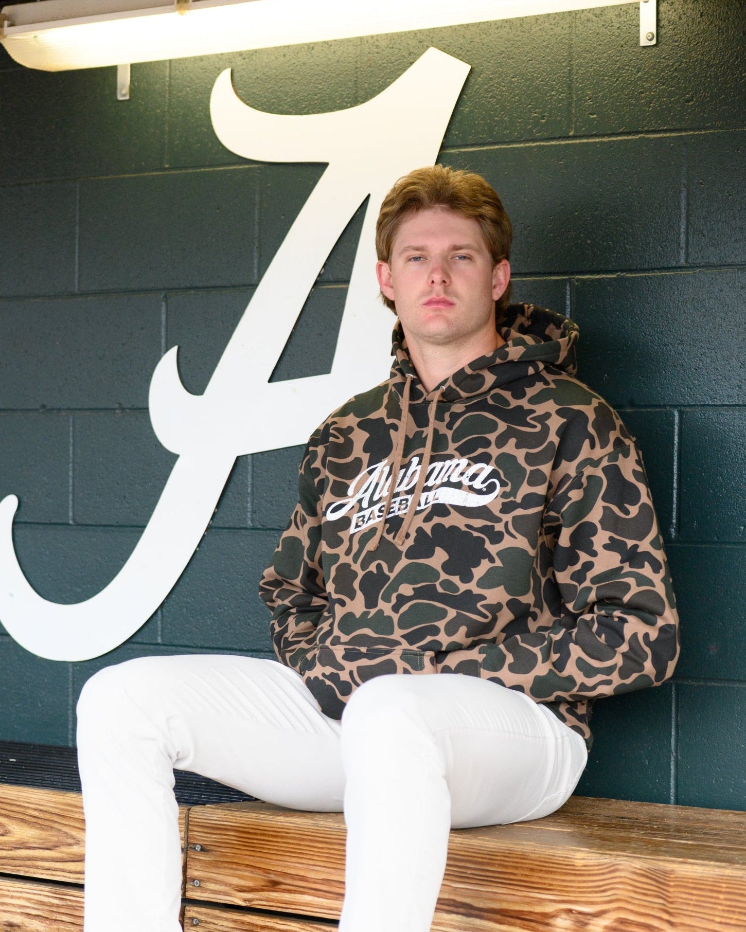 University of Alabama Camo Hoodie with a White script "Alabama" and text "BASEBALL" in the script tail