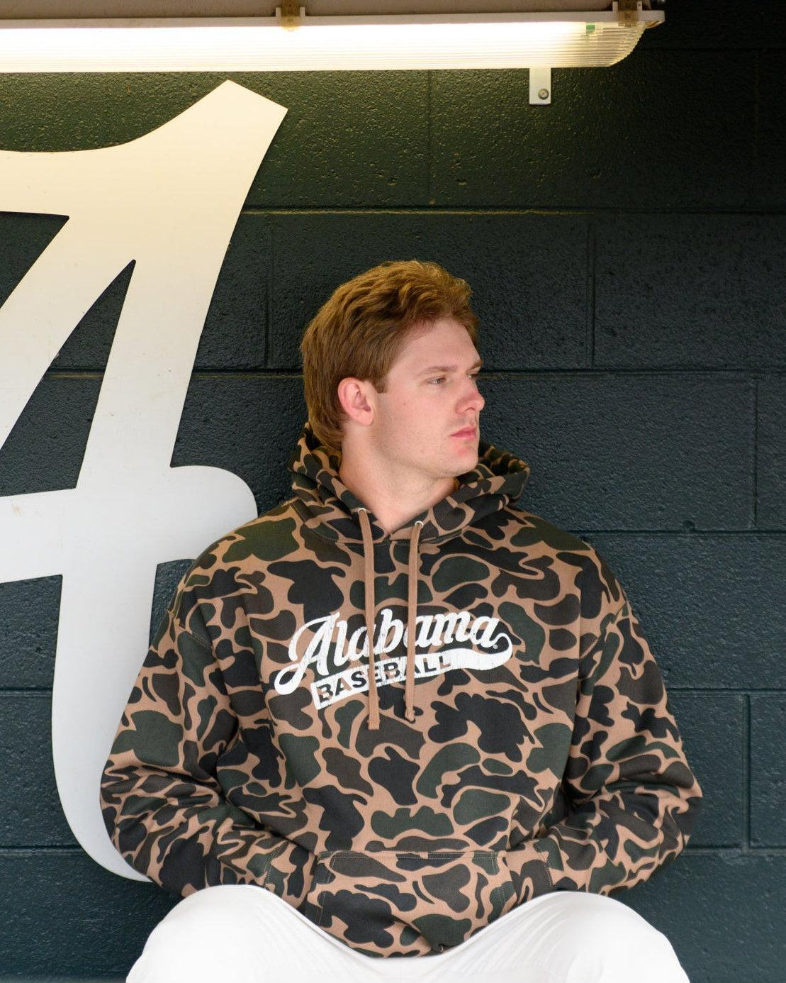 University of Alabama Camo Hoodie with a White script "Alabama" and text "BASEBALL" in the script tail