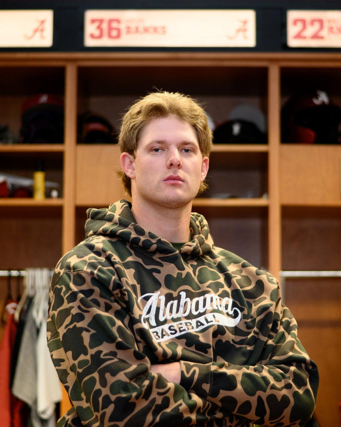 University of Alabama Camo Hoodie with a White script "Alabama" and text "BASEBALL" in the script tail