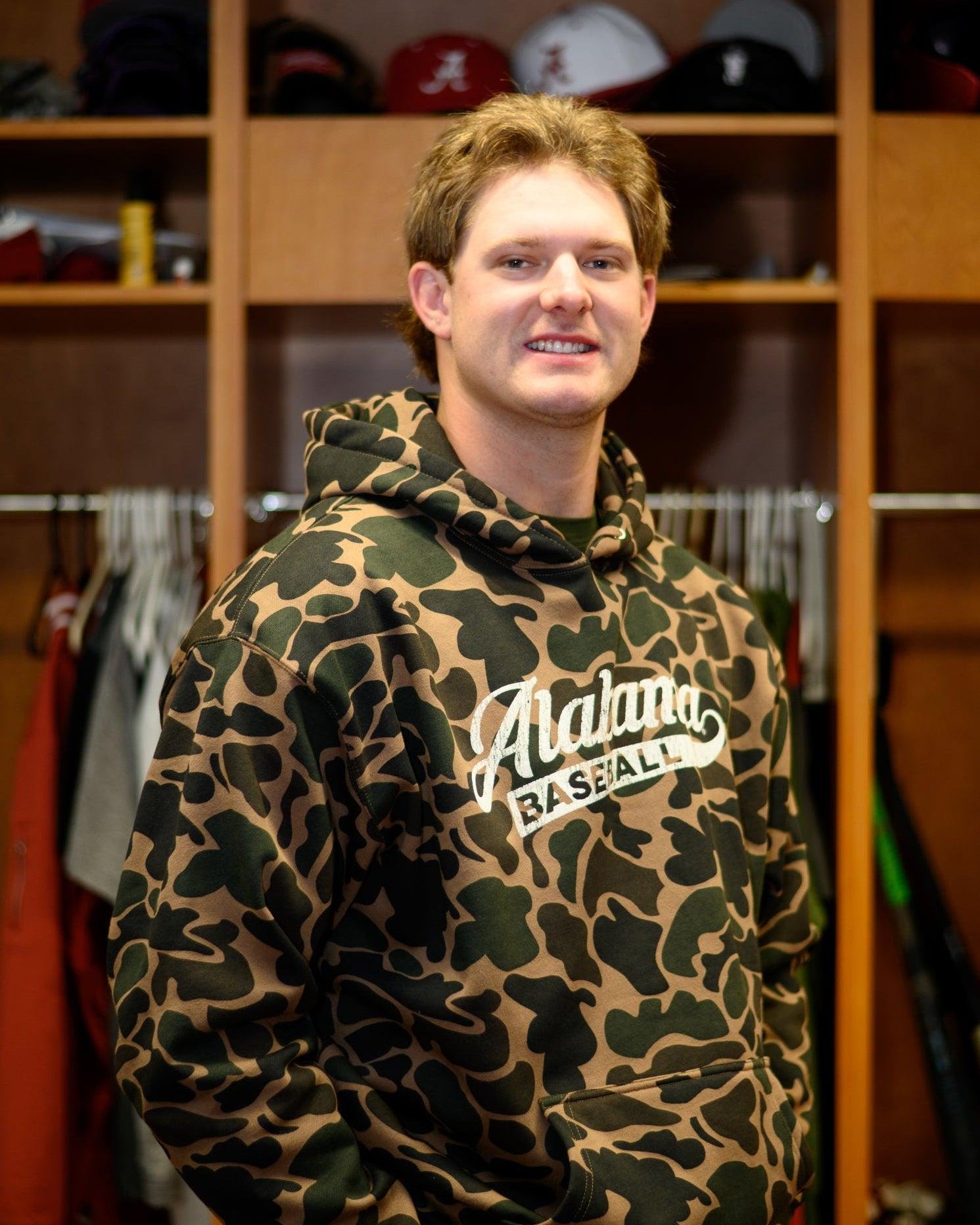 University of Alabama Camo Hoodie with a White script "Alabama" and text "BASEBALL" in the script tail