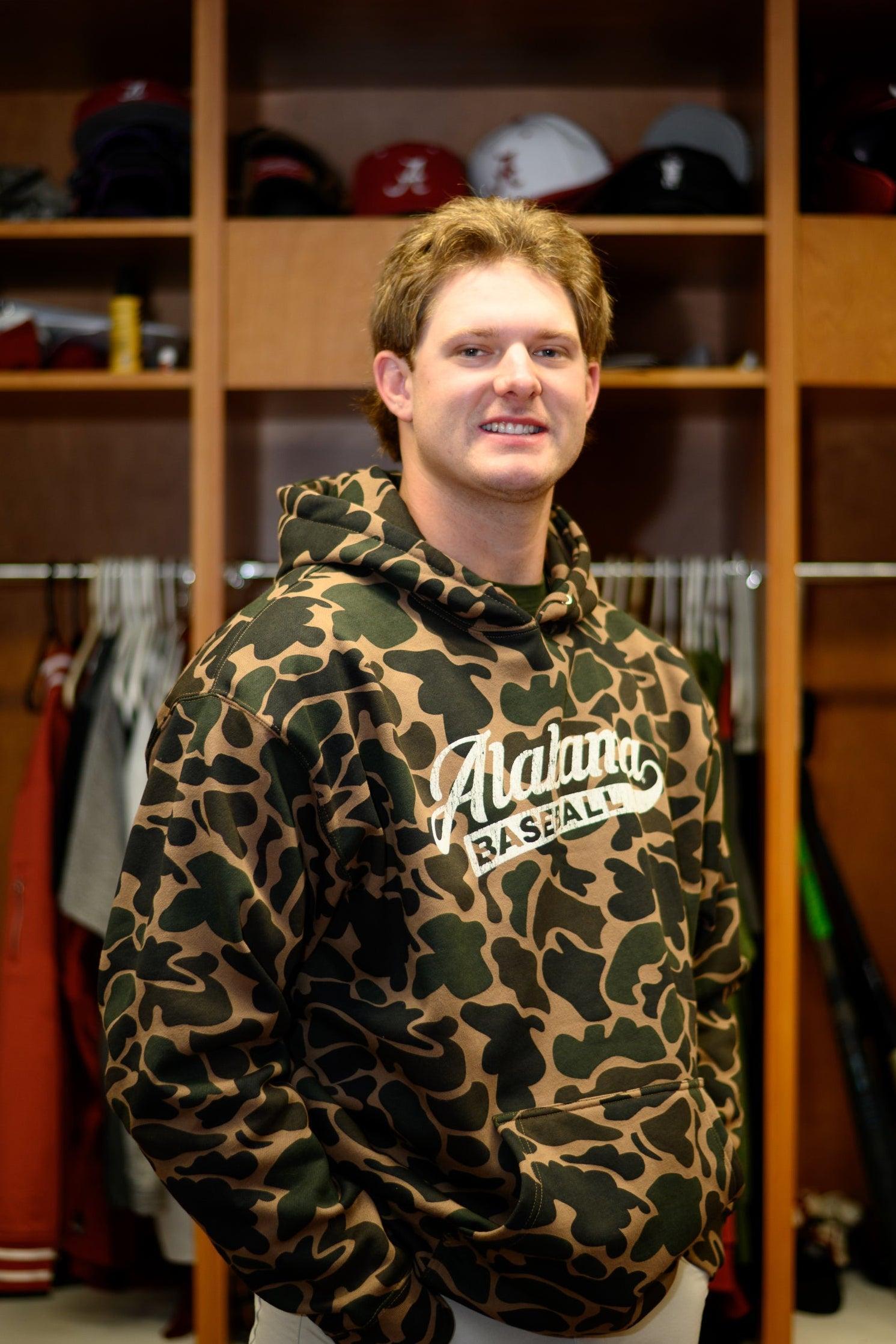 University of Alabama Camo Hoodie with a White script "Alabama" and text "BASEBALL" in the script tail