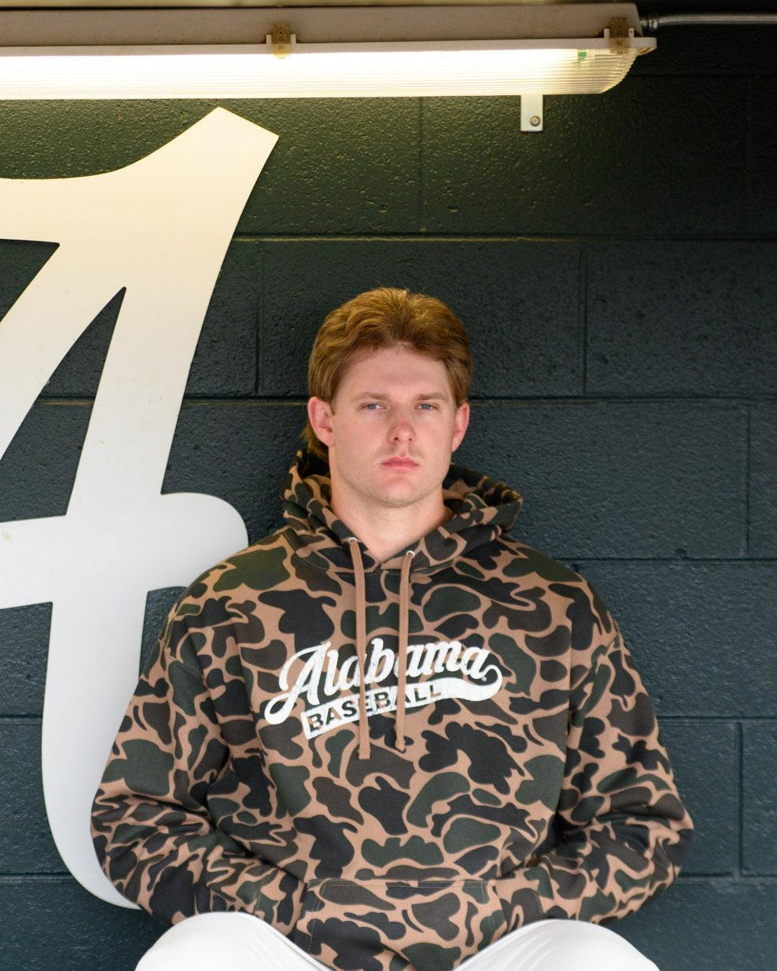 University of Alabama Camo Hoodie with a White script "Alabama" and text "BASEBALL" in the script tail