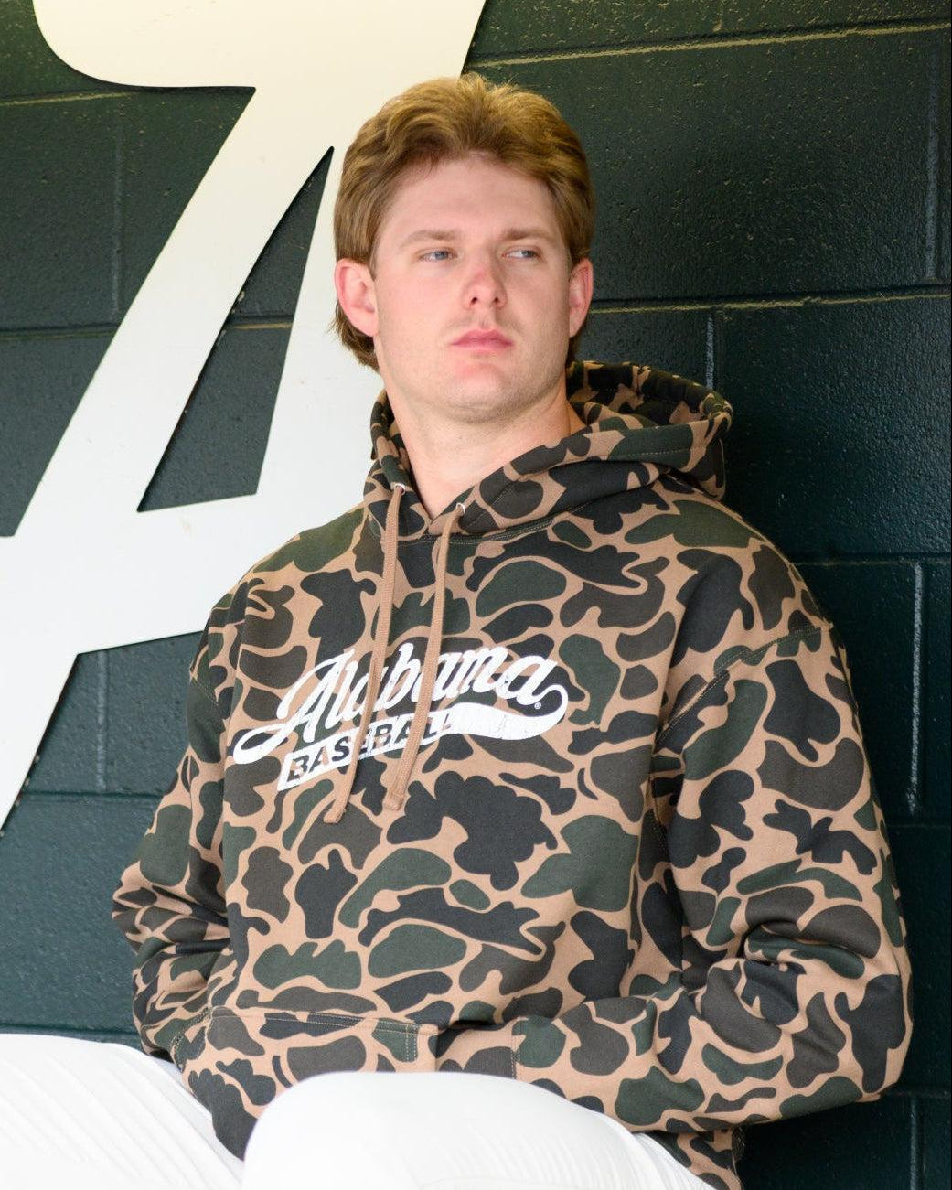 University of Alabama Camo Hoodie with a White script "Alabama" and text "BASEBALL" in the script tail