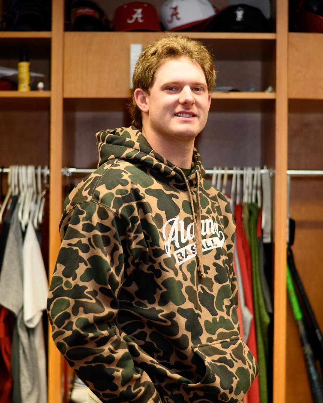 University of Alabama Camo Hoodie with a White script "Alabama" and text "BASEBALL" in the script tail