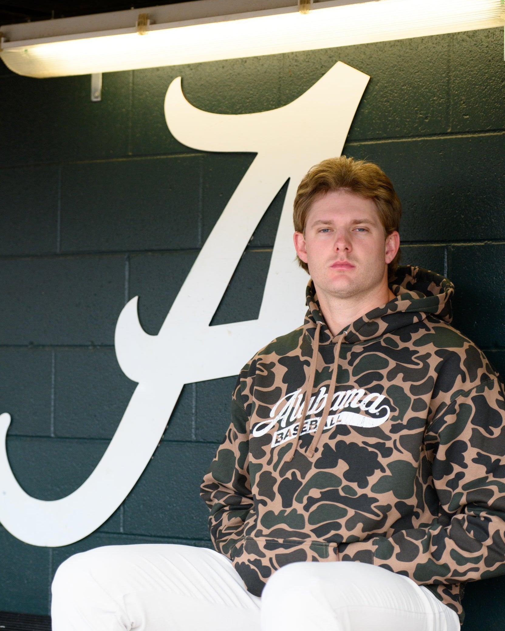 University of Alabama Camo Hoodie with a White script "Alabama" and text "BASEBALL" in the script tail