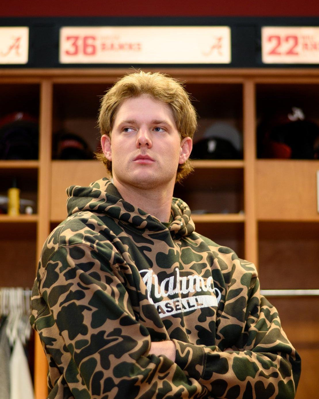 University of Alabama Camo Hoodie with a White script "Alabama" and text "BASEBALL" in the script tail