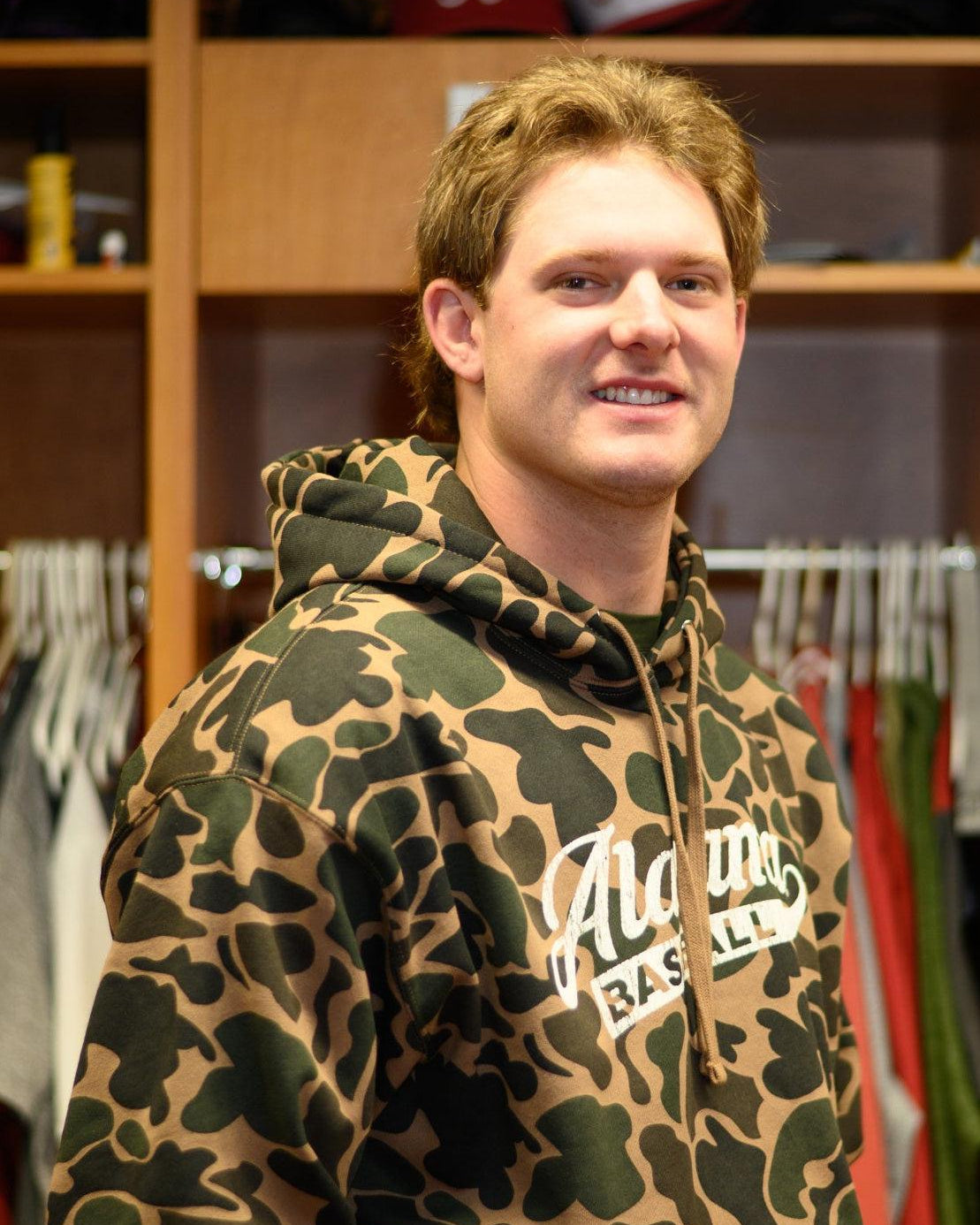 University of Alabama Camo Hoodie with a White script "Alabama" and text "BASEBALL" in the script tail