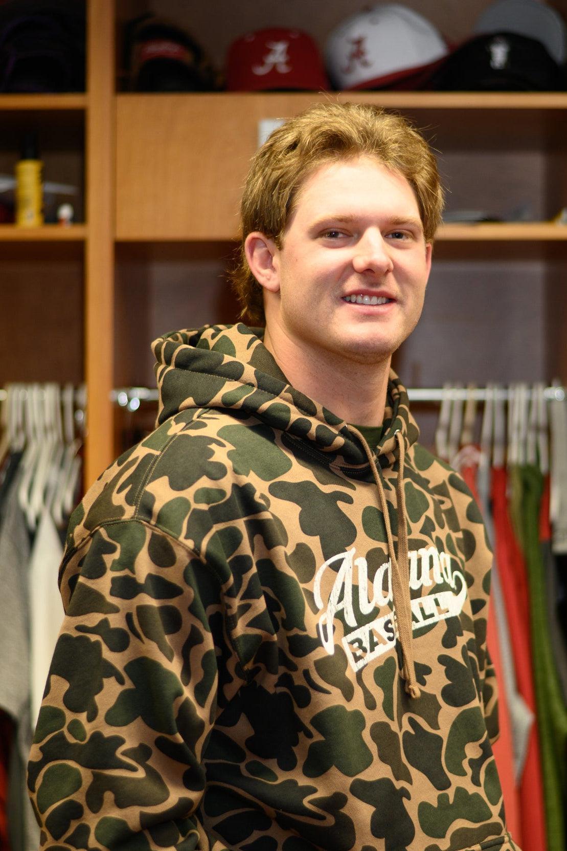University of Alabama Camo Hoodie with a White script "Alabama" and text "BASEBALL" in the script tail
