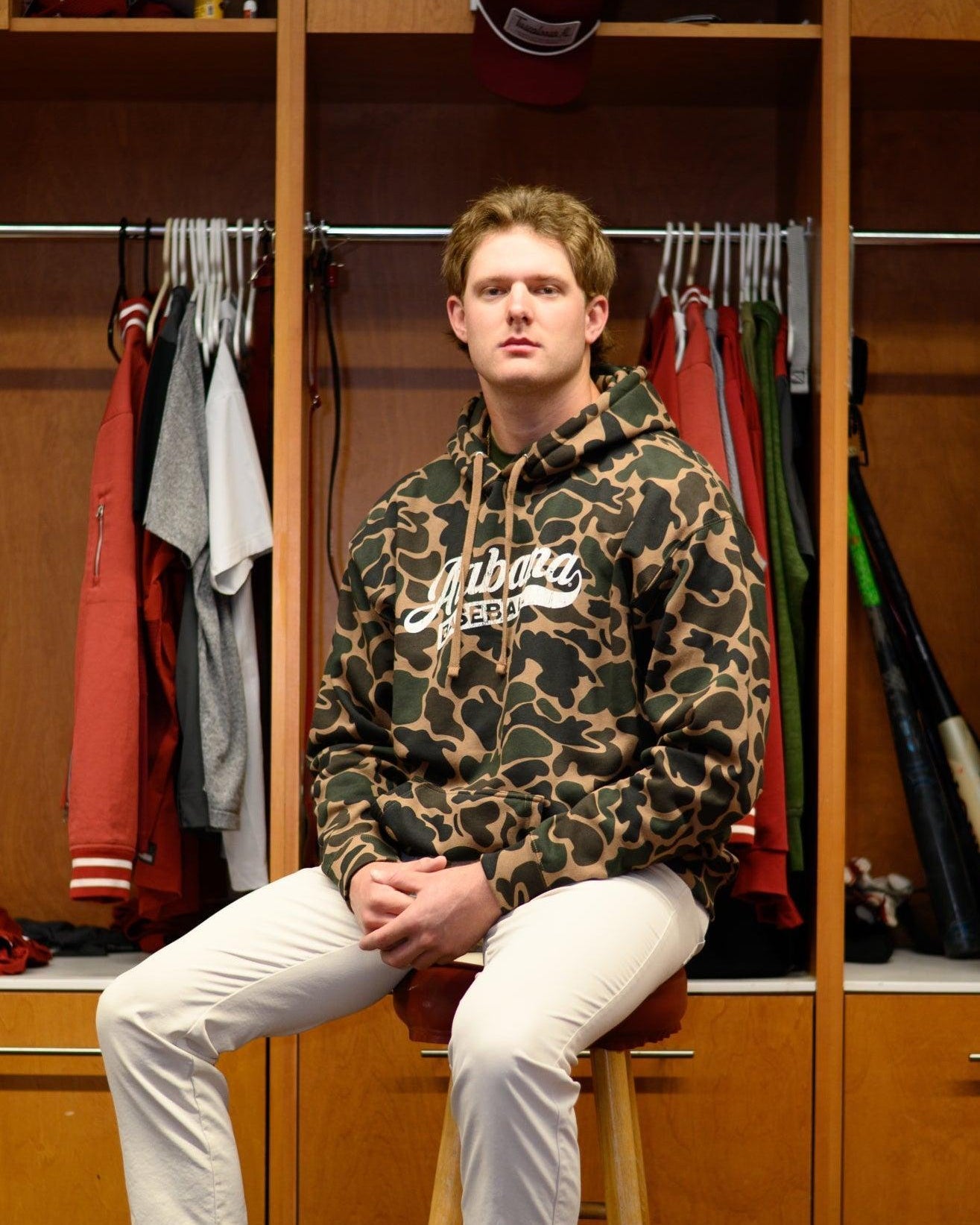University of Alabama Camo Hoodie with a White script "Alabama" and text "BASEBALL" in the script tail