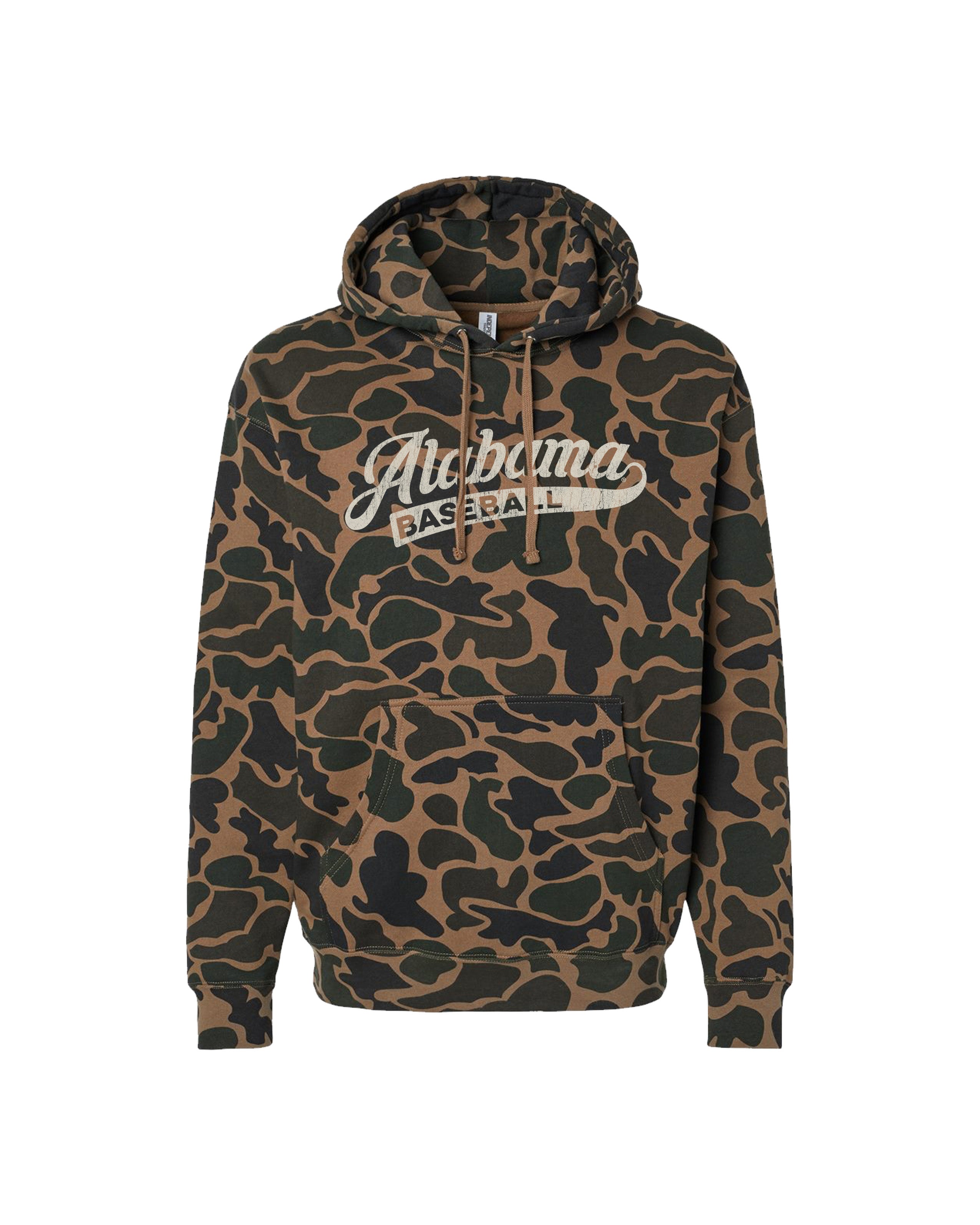 University of Alabama Camo Hoodie with a White script "Alabama" and text "BASEBALL" in the script tail