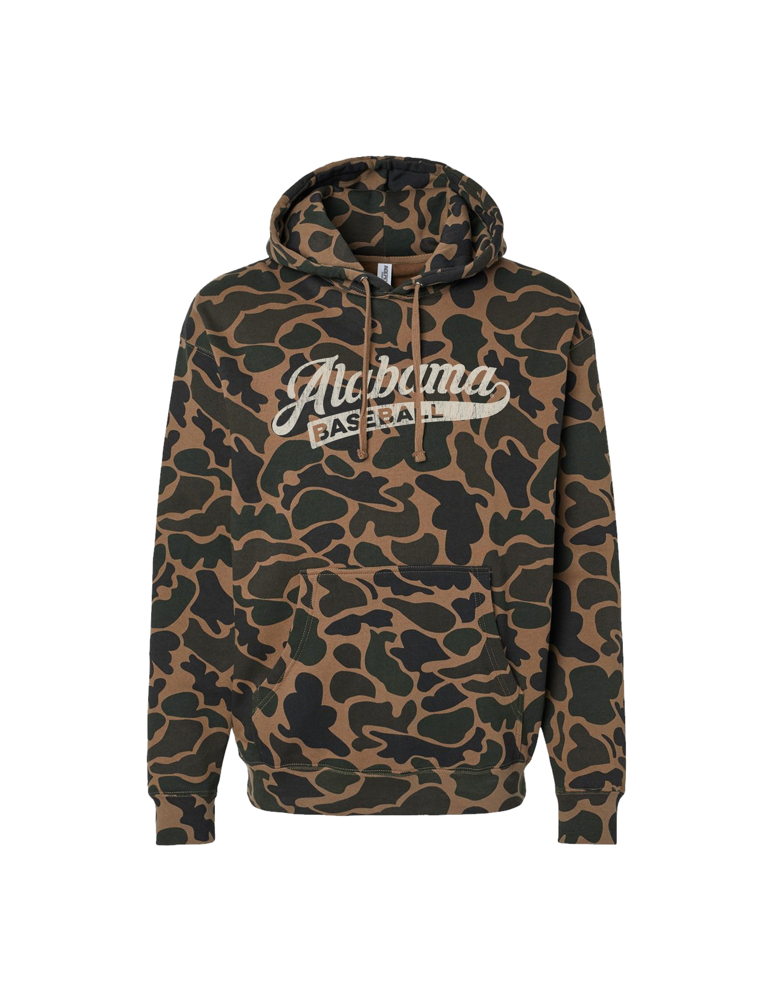 University of Alabama Camo Hoodie with a White script "Alabama" and text "BASEBALL" in the script tail
