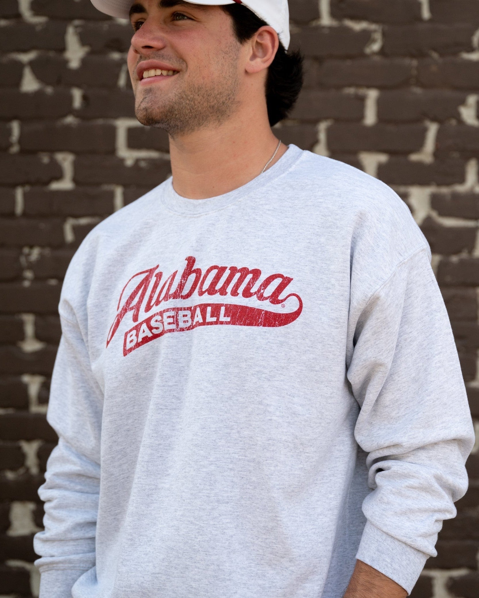 University of Alabama Alabama Baseball Ash Gildan Crewneck with script "Alabama" and text "BASEBALL" inside the tail of the script