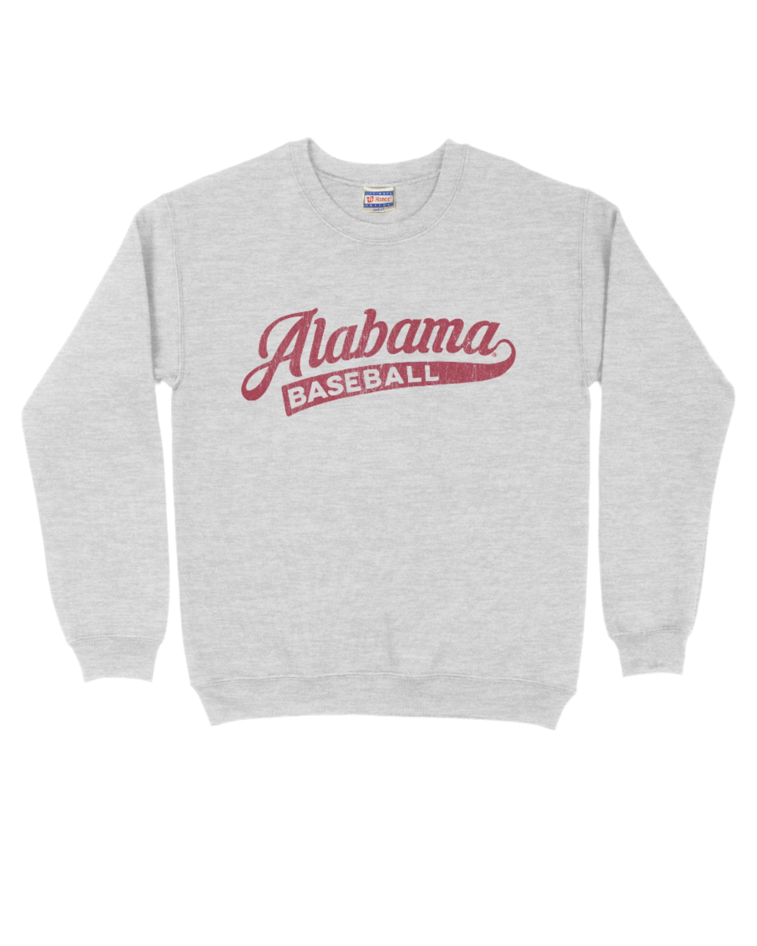 University of Alabama Alabama Baseball Grey Gildan Crewneck with script "Alabama" and text "BASEBALL" inside the tail of the script
