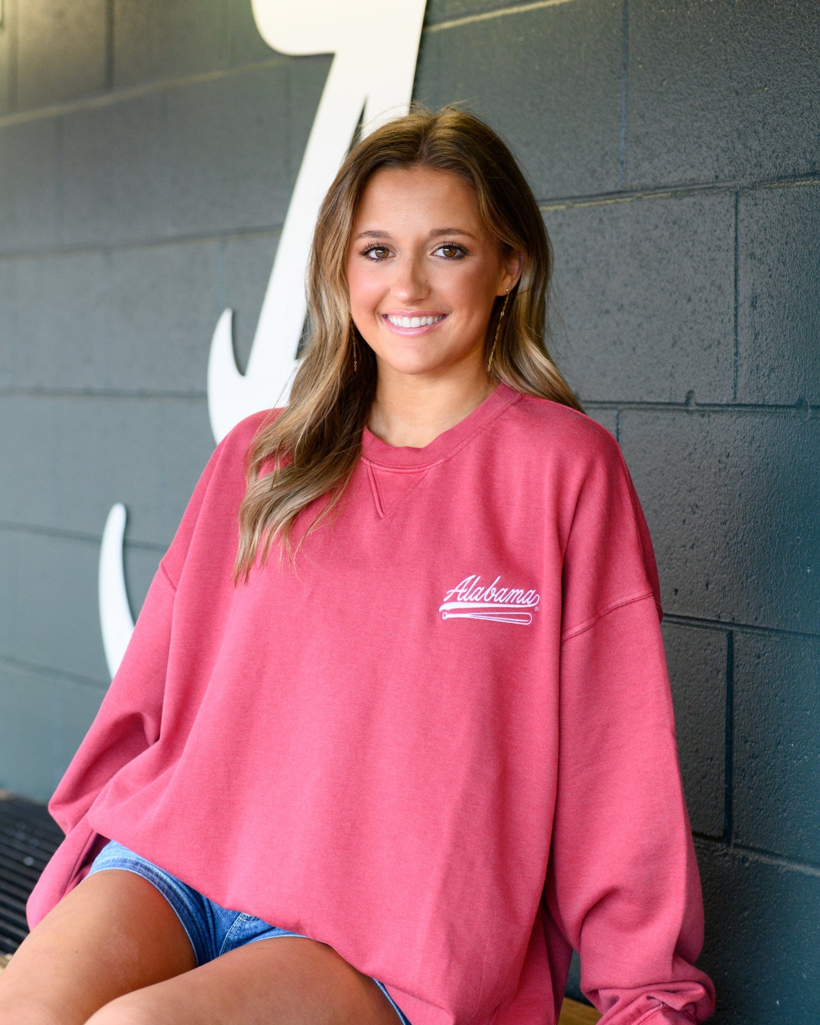 University of Alabama Red Sweatshirt with White “Alabama” script and baseball bat embroidery