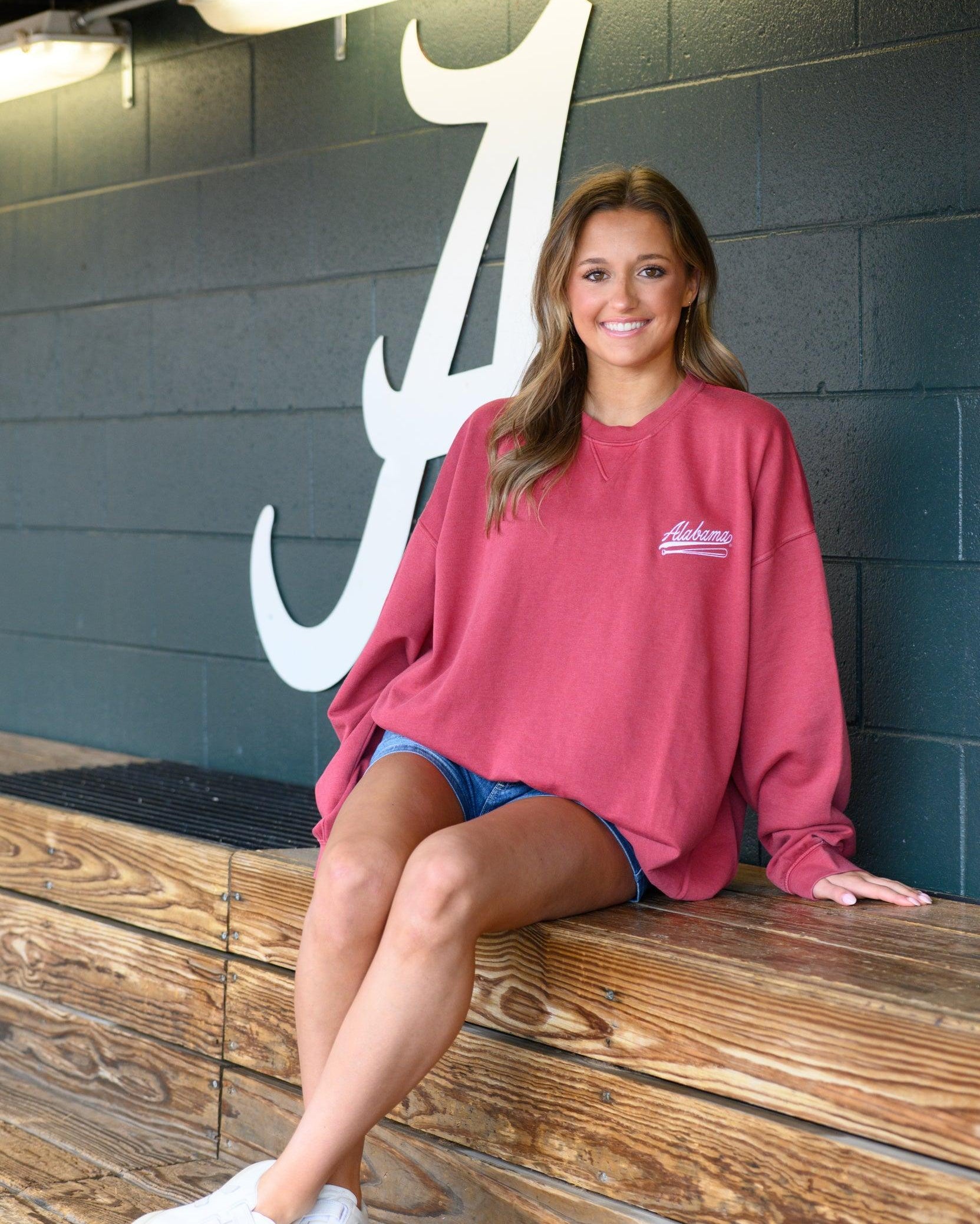 University of Alabama Red Sweatshirt with White “Alabama” script and baseball bat embroidery