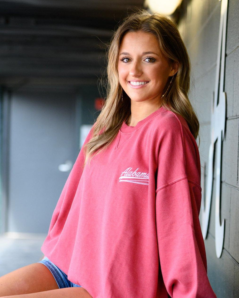 University of Alabama Red Sweatshirt with White “Alabama” script and baseball bat embroidery
