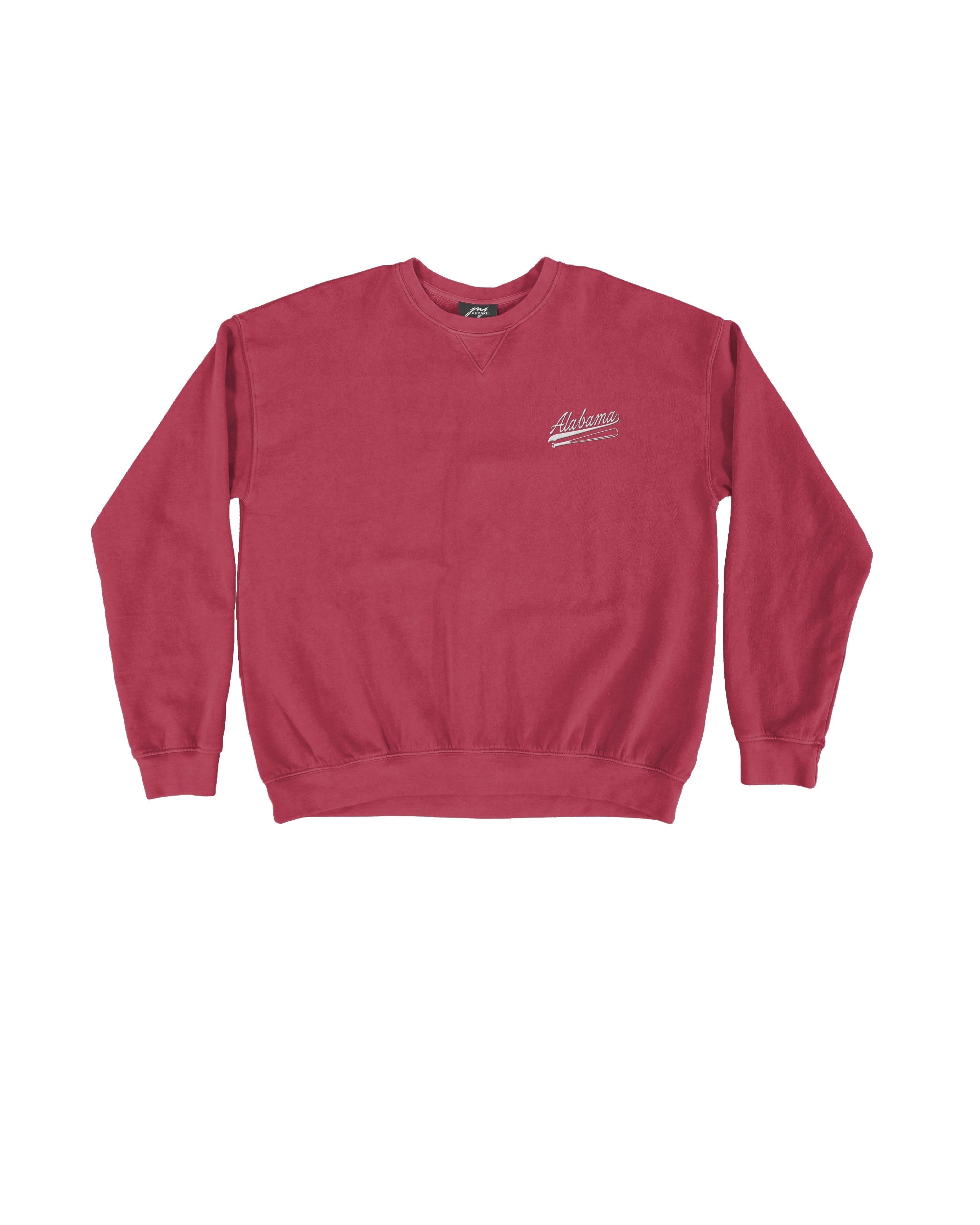 University of Alabama Red Sweatshirt with White “Alabama” script and baseball bat embroidery