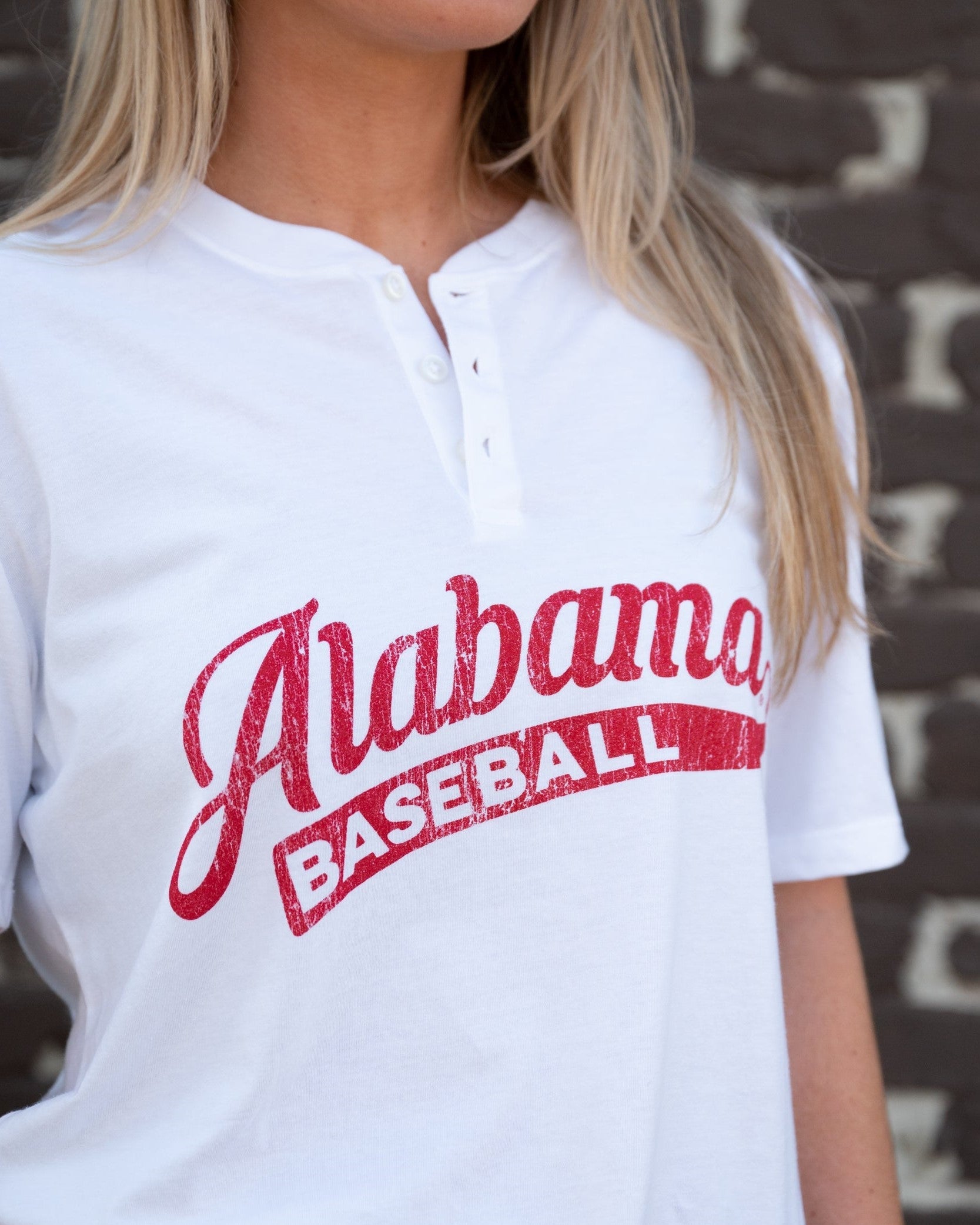 University of Alabama Alabama Baseball Henley Shirt White with script "Alabama" and text "BASEBALL" in the script tail
