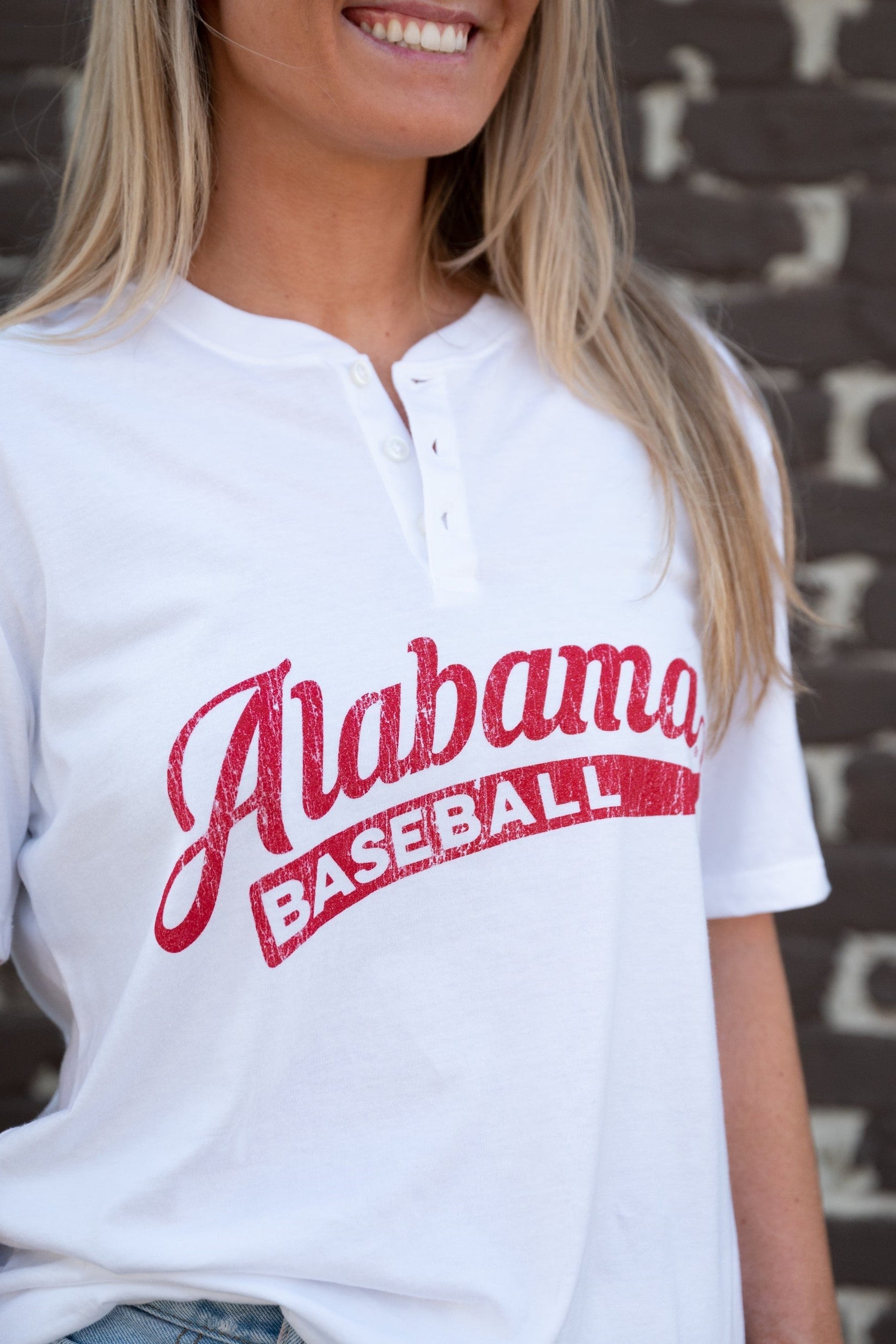 University of Alabama Alabama Baseball Henley Shirt White with script "Alabama" and text "BASEBALL" in the script tail