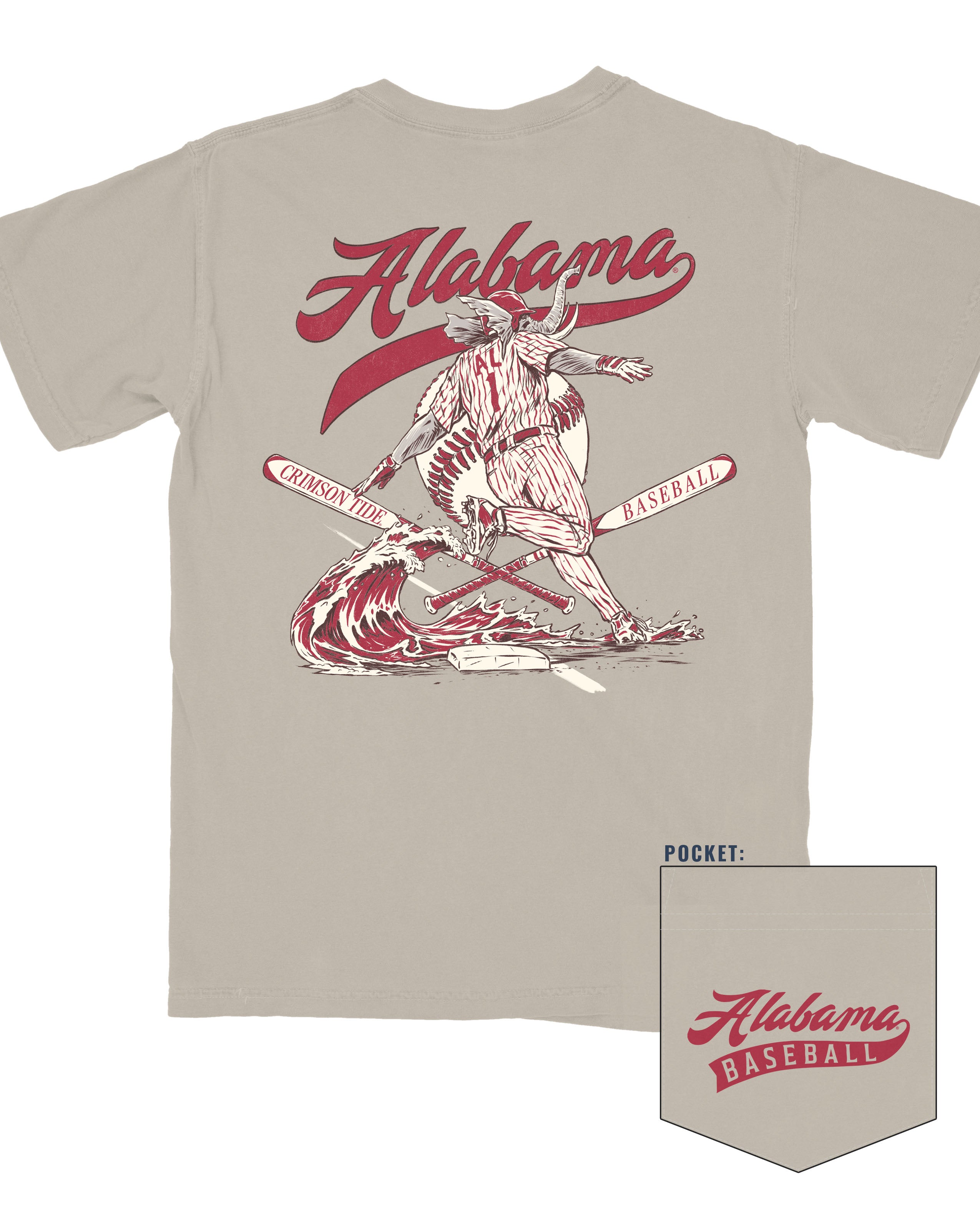 Beige t-shirt with red 'Alabama Baseball' design on a white background