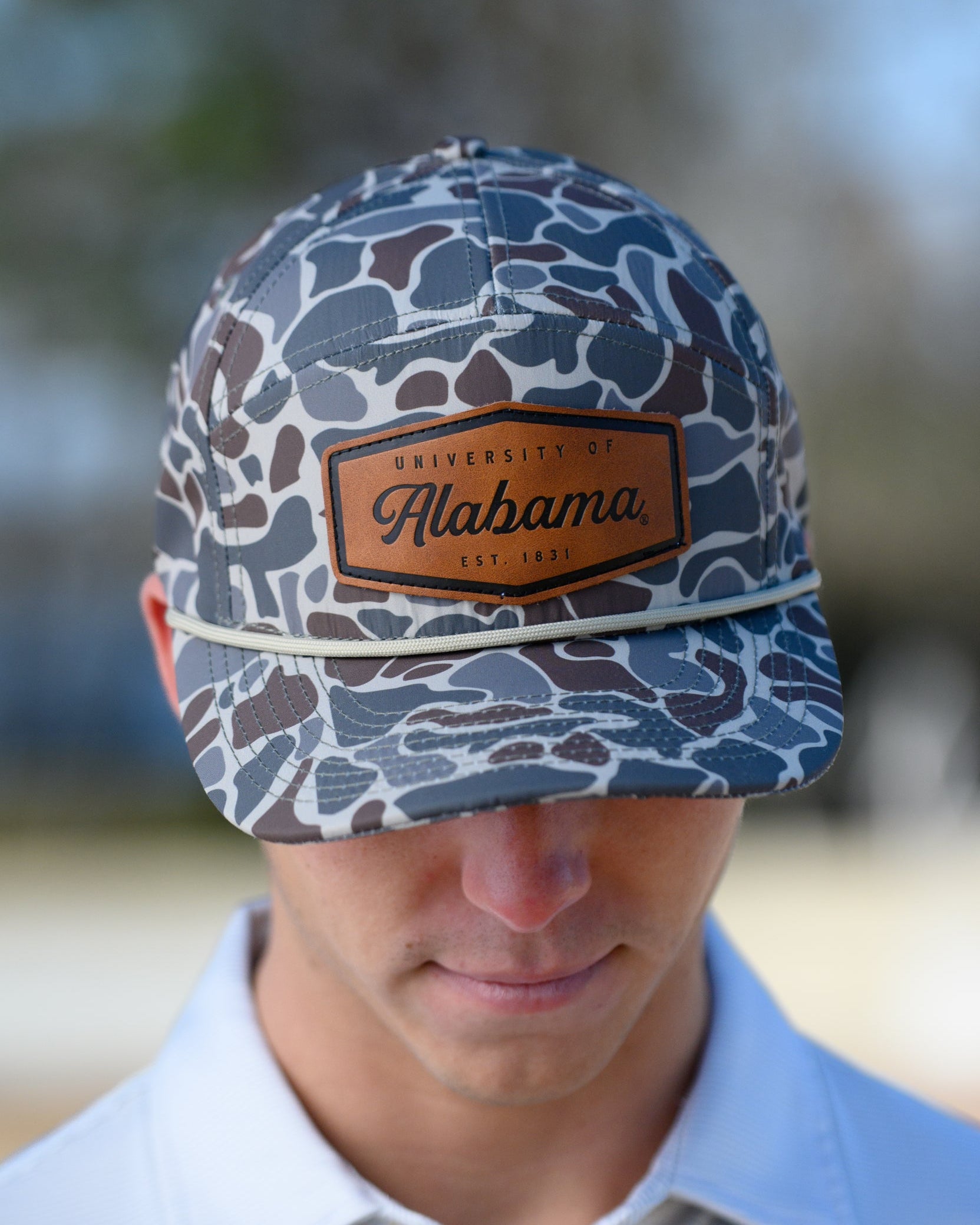 University of Alabama Camo Hat with White rope and Leather patch with text "University of Alabama"