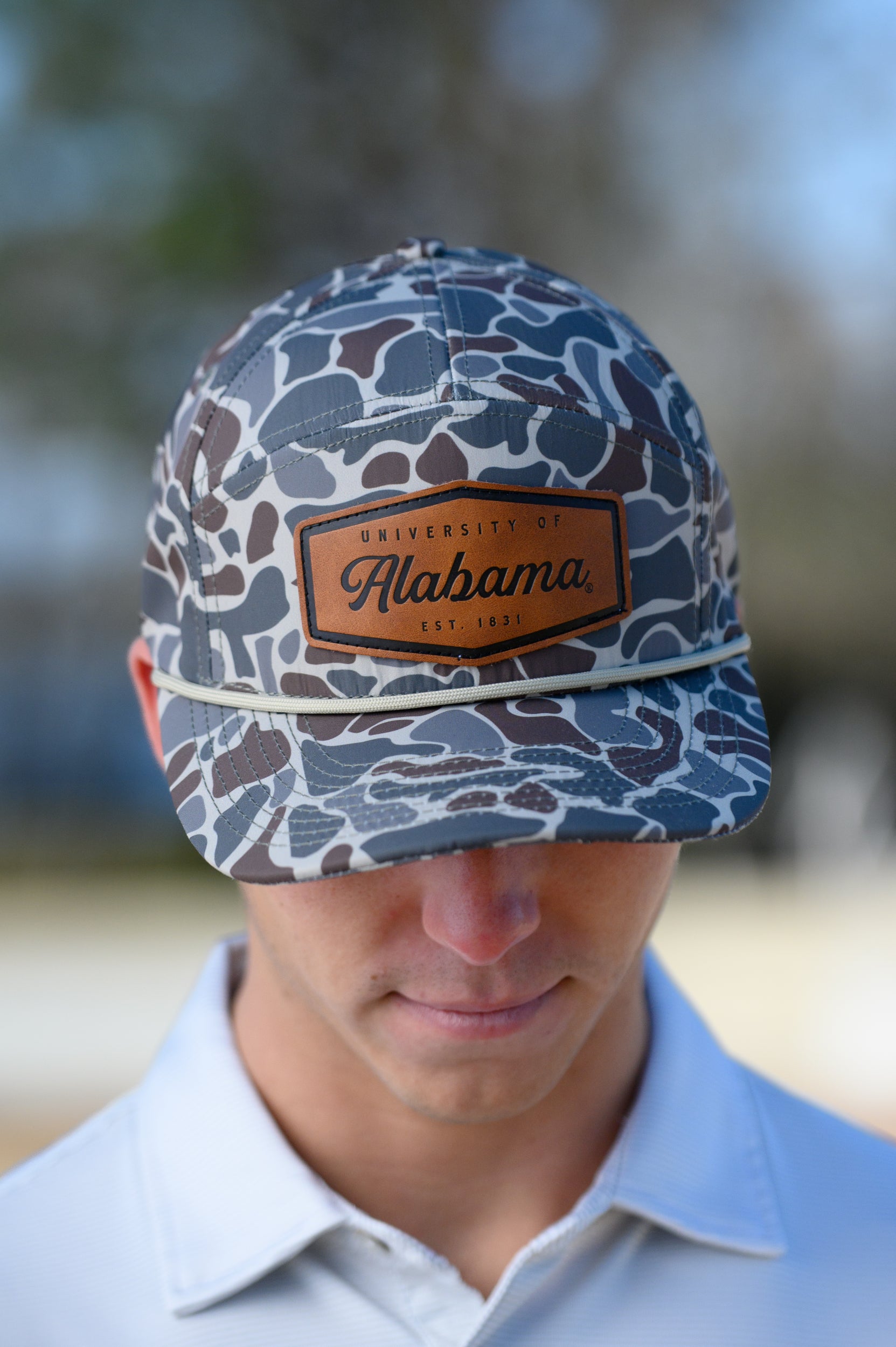 University of Alabama Camo Hat with White rope and Leather patch with text "University of Alabama"